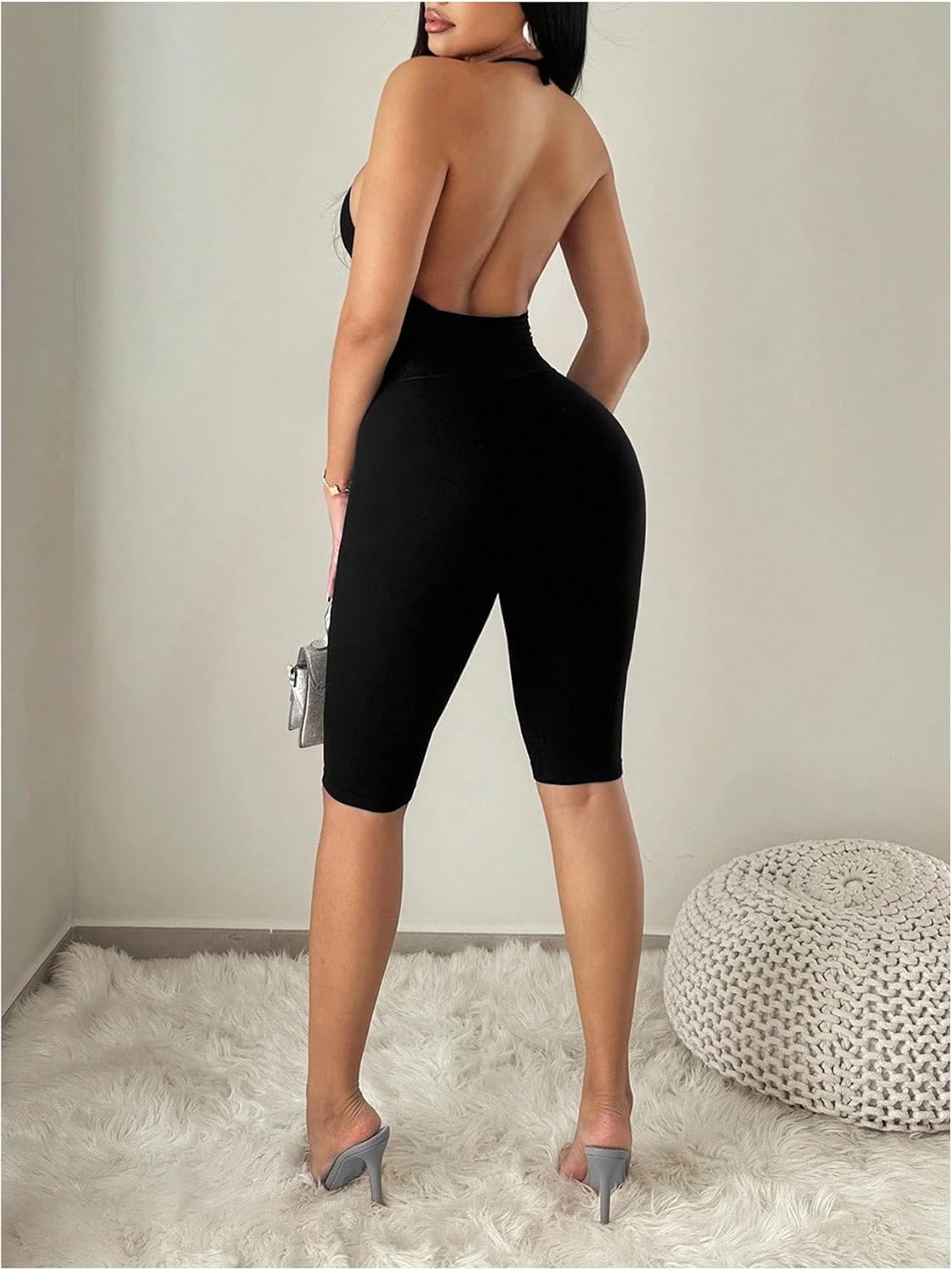 Milumia Women's Sexy Backless Halter Jumpsuit Sleeveless Bodycon Bermuda Shorts Romper