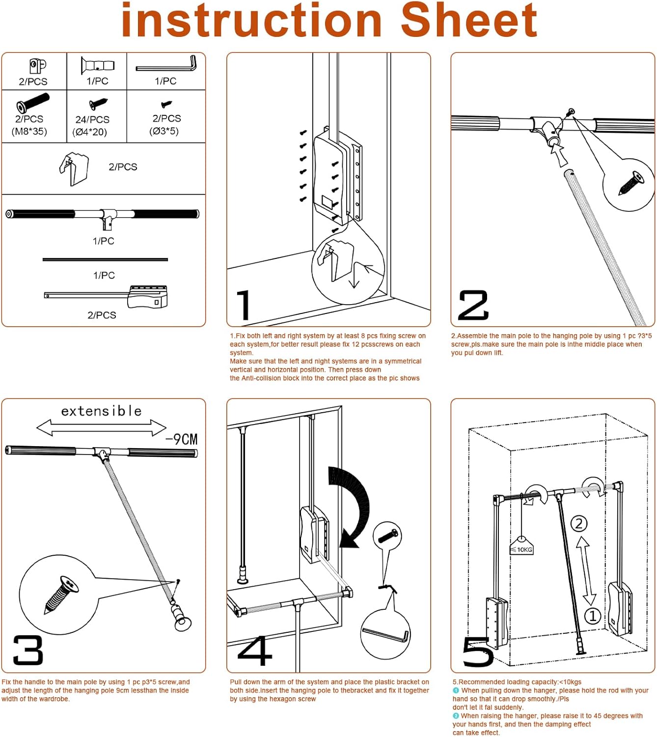 Pull Down Closet Rod, 35-47 Wall Inch Adjustable Closet Mounted Hanging Rod Retractable Automatic Return Two-way Buffering Heavy Duty Wardrobe Hanger for Cabinet 66 lbs (Silver)
