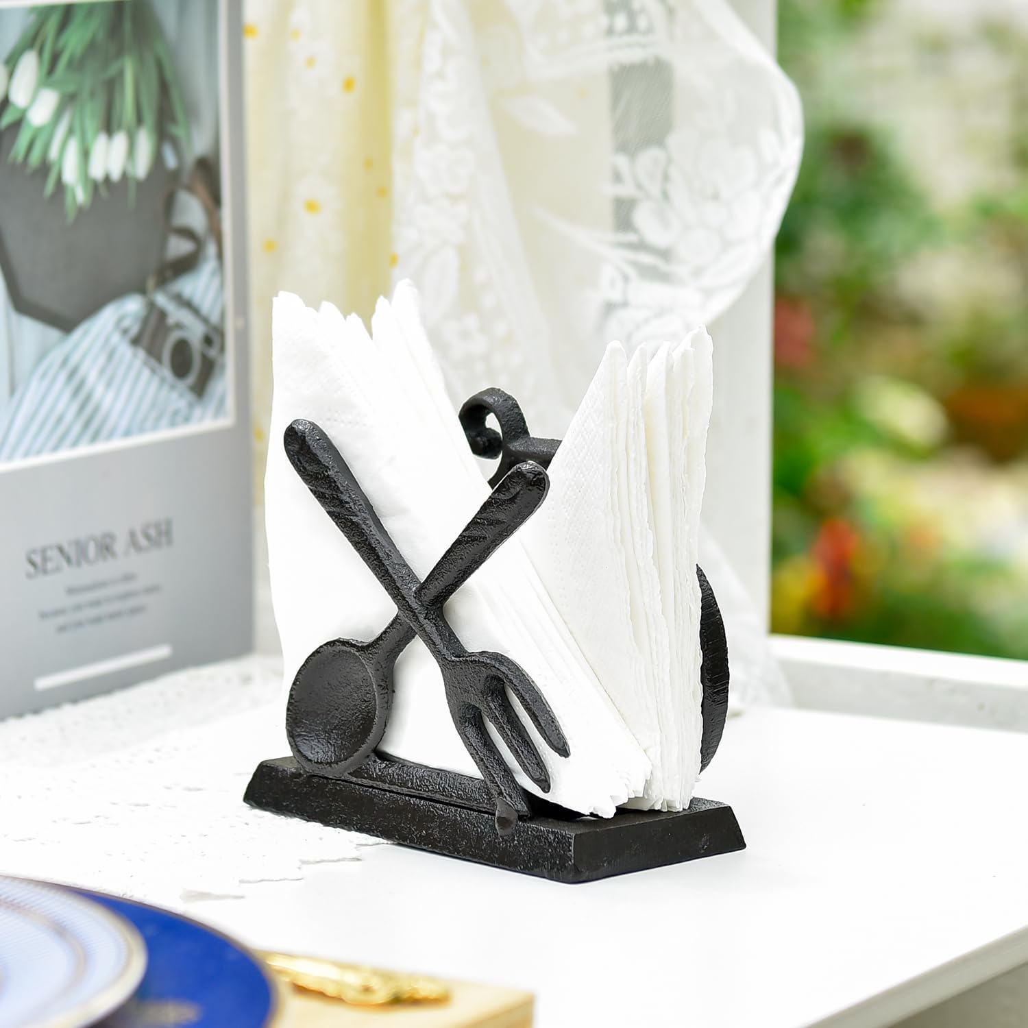 Sungmor Vintage Cast Iron Napkin Holder, Rustic Farmhouse Napkins Holder, Freestanding Table Napkins Stand, Pretty Tableware Decor Paper Napkin Rack, Home Restaurant Dining Table Square Napkin Holder