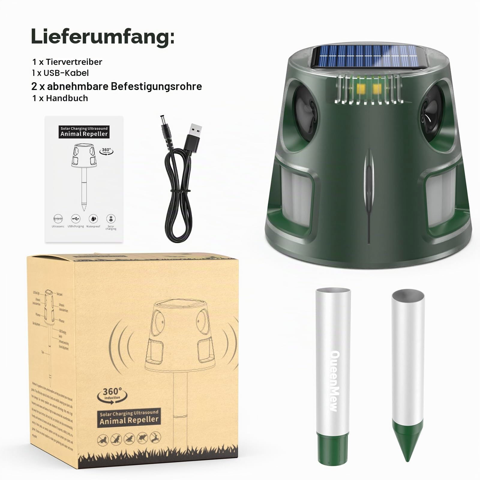 Katzenschreck Ultraschall Solar, Katzenschreck für Garten Wasserdicht, 5 Modi Einstellbar Marderschreck, Solarladung Garten Katzenabwehr, 360° Effektiv für Katzen, Hunde, Vögel, Mäuse
