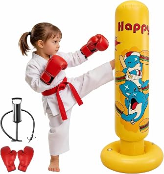 Kid Punching Bag, Inflatable Punching Bag for Kids Age 3-14, Freestanding Boxing Bag for Boys & Girls, Kids Boxing Set for Martial Arts, Karate, Taekwondo