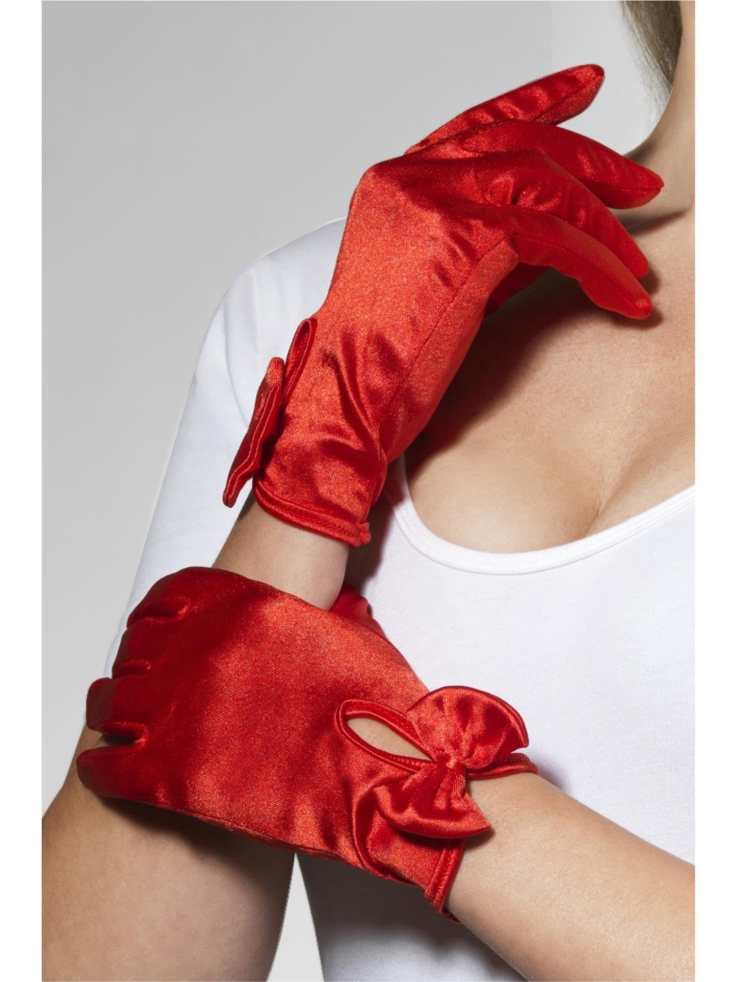 Smiffys Fever Short Red Gloves with Bow Detail, Satin Finish, Elegant Party Accessory, Fancy Dress & Evening Wear Costume Gloves for Women