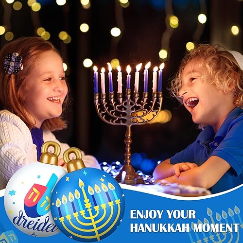 Miniatura 6 de Jetec 4 bolas inflables grandes de PVC de Hanukkah de 24 pulgadas, adornos de menorá judía blanca y azul, decoración inflable para decoración