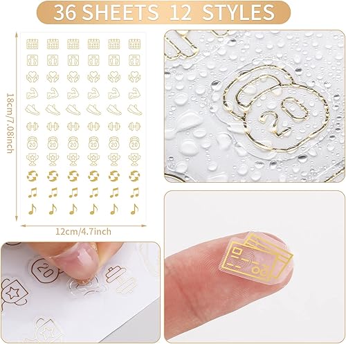 Miniatura 2 de Sinmoe 36 hojas de calcomanías mensuales de lámina dorada transparente, iconos, calendario, calcomanías para planificación, álbumes de recortes,