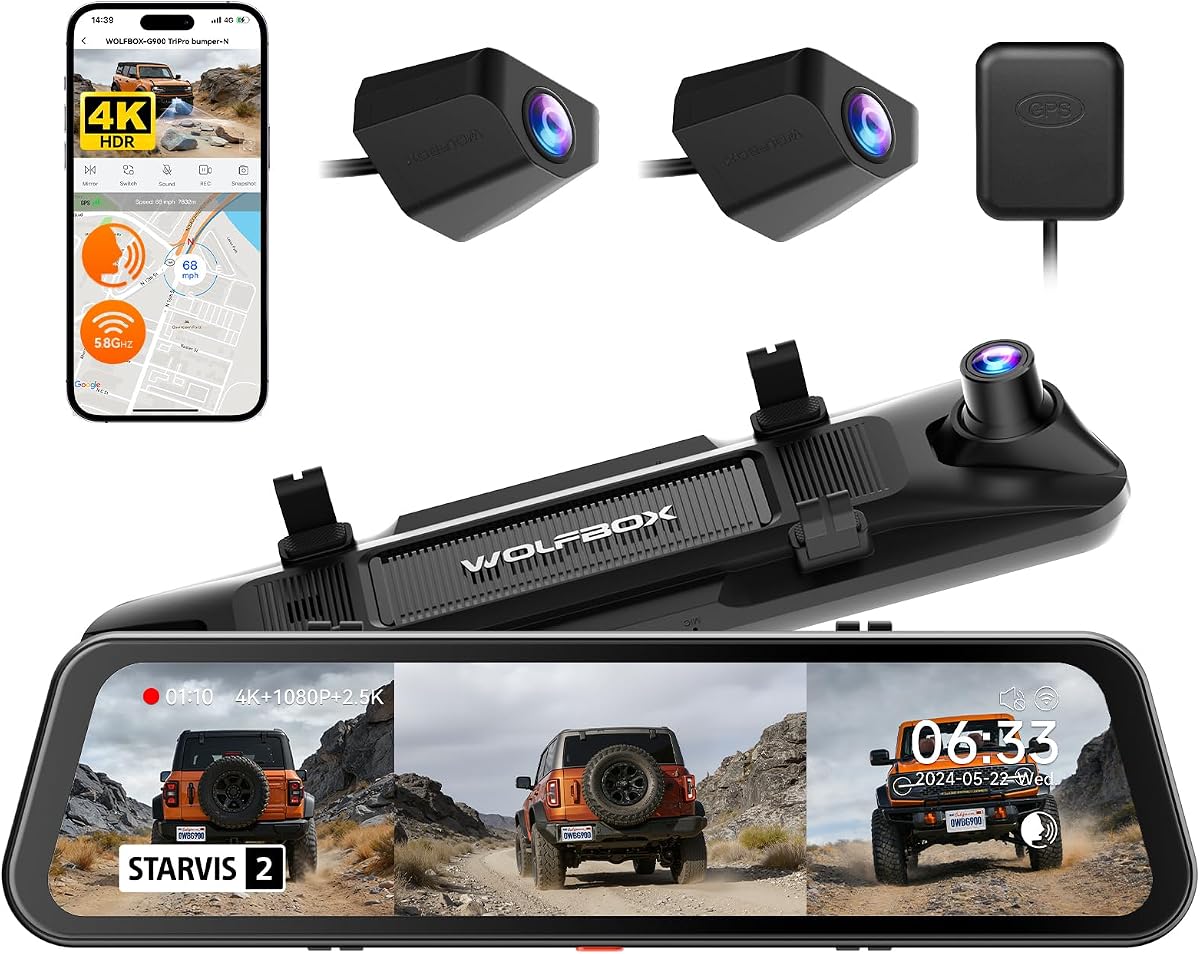 WOLFBOX G900 Tripro Bumper-N Cámara de salpicadero con espejo 4K de 3 canales, STARVIS IMX678 | Cámara frontal y trasera de 8MP 4K+2,5K+1080P, visión nocturna, WiFi de 5,8GHz, pantalla inteligente de 12" para todoterreno y punto ciego, sin tarjeta SD
