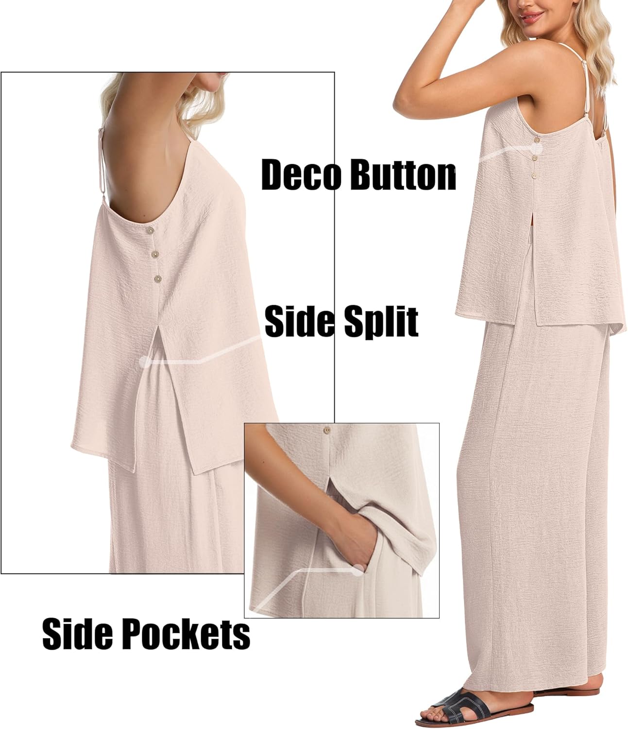 IWOLLENCE Women's 2 Piece Sets Spaghetti Strappy Tank Top and Long Pant with Pockets Lounge Matching Sets Beach Vacation - Image 2