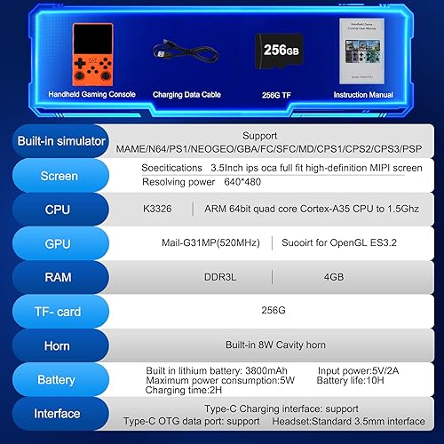 Miniatura 6 de 30000 en 1 Consola de juegos de mano retro R40S Pro, pantalla IPS de 3.5 pulgadas, más de 20 emuladores, tarjeta TF 256G (naranja)