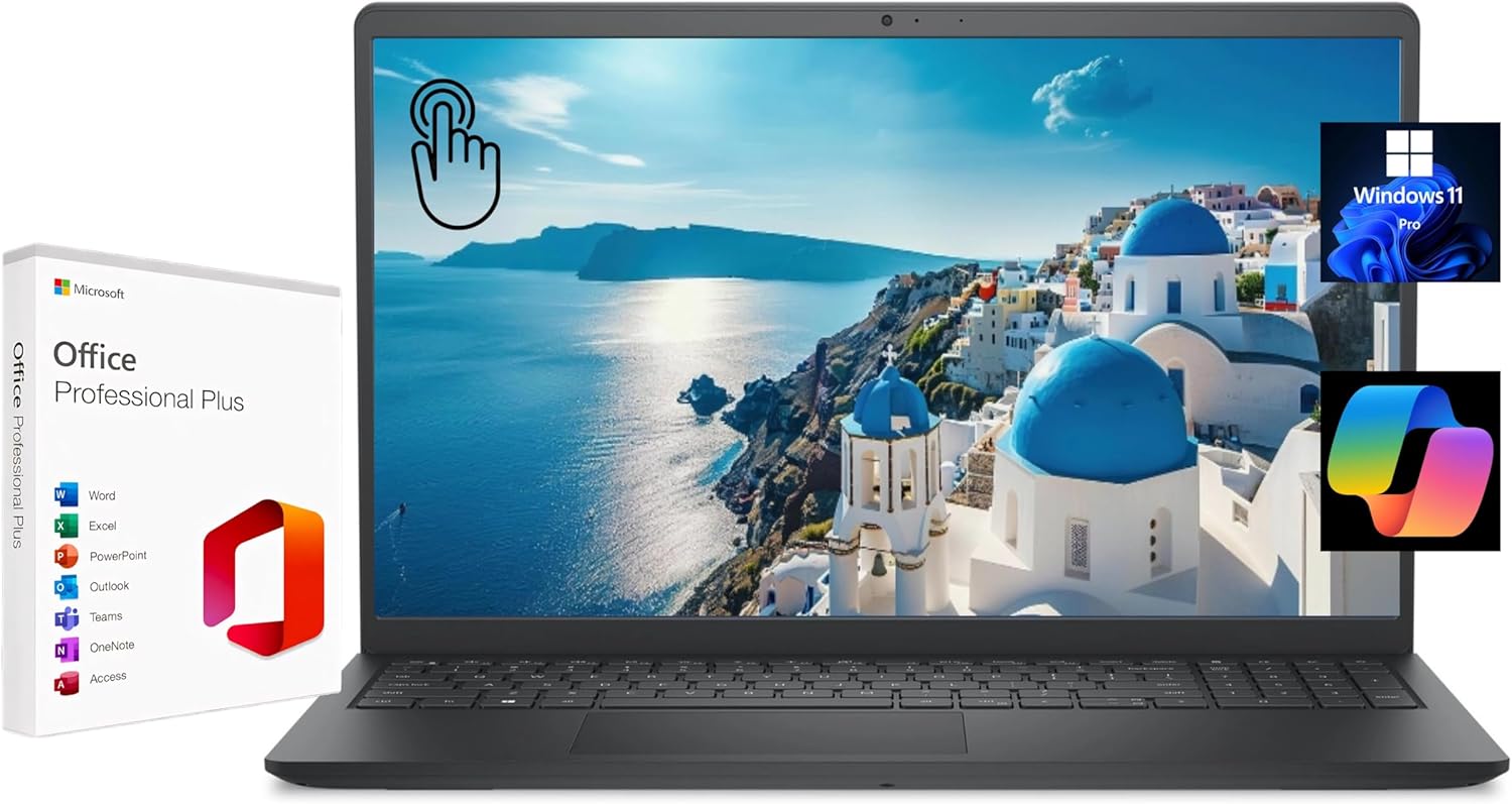 Dell 15.6" FHD Touchscreen Laptop, with Free Lifetime Microsoft Office, Intel Core i7-1355U, 16GB RAM, 1TB SSD, Intel UHD Graphics, Windows 11 Pro, Backlit Keyboard, Fingerprint Reader, Carbon Black