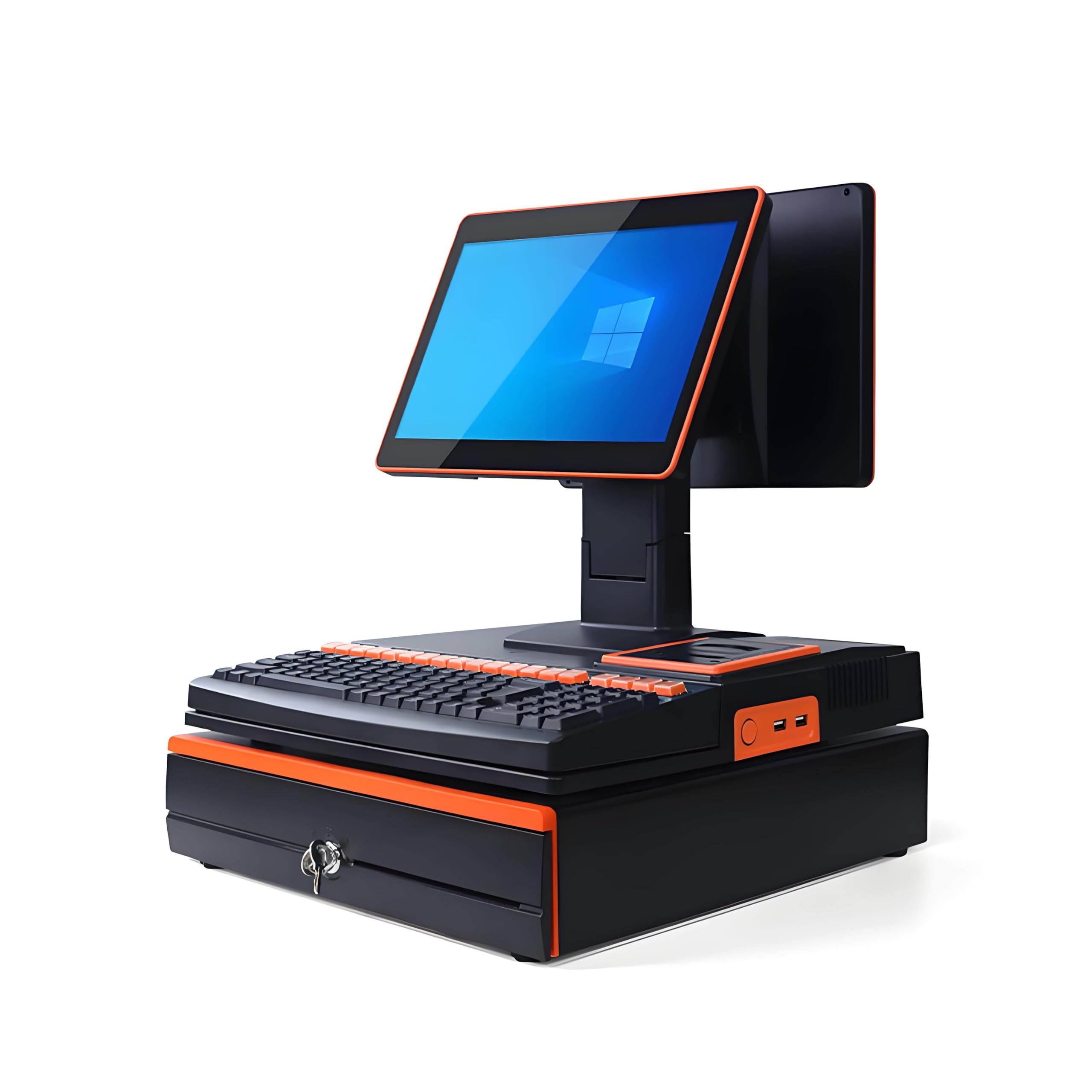 Caisse Enregistreuse Tout-en-Un,Écran Simple/Double de 15,6 Pouces, Imprimante de Reçus Intégrée, Tiroir-Caisse pour Supermarchés Restaurants et Vente au Détail DualScreen-Black&Orange