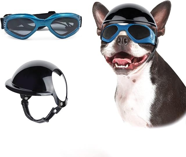 NAMSAN Óculos de sol para Cães Médios com Capacete, 2 Peças de Óculos de Cachorro Proteção UV Capacete para Cães com Orifícios para as Orelhas Adequado para Cães Pequenos e Médios Cavalgando, Azul