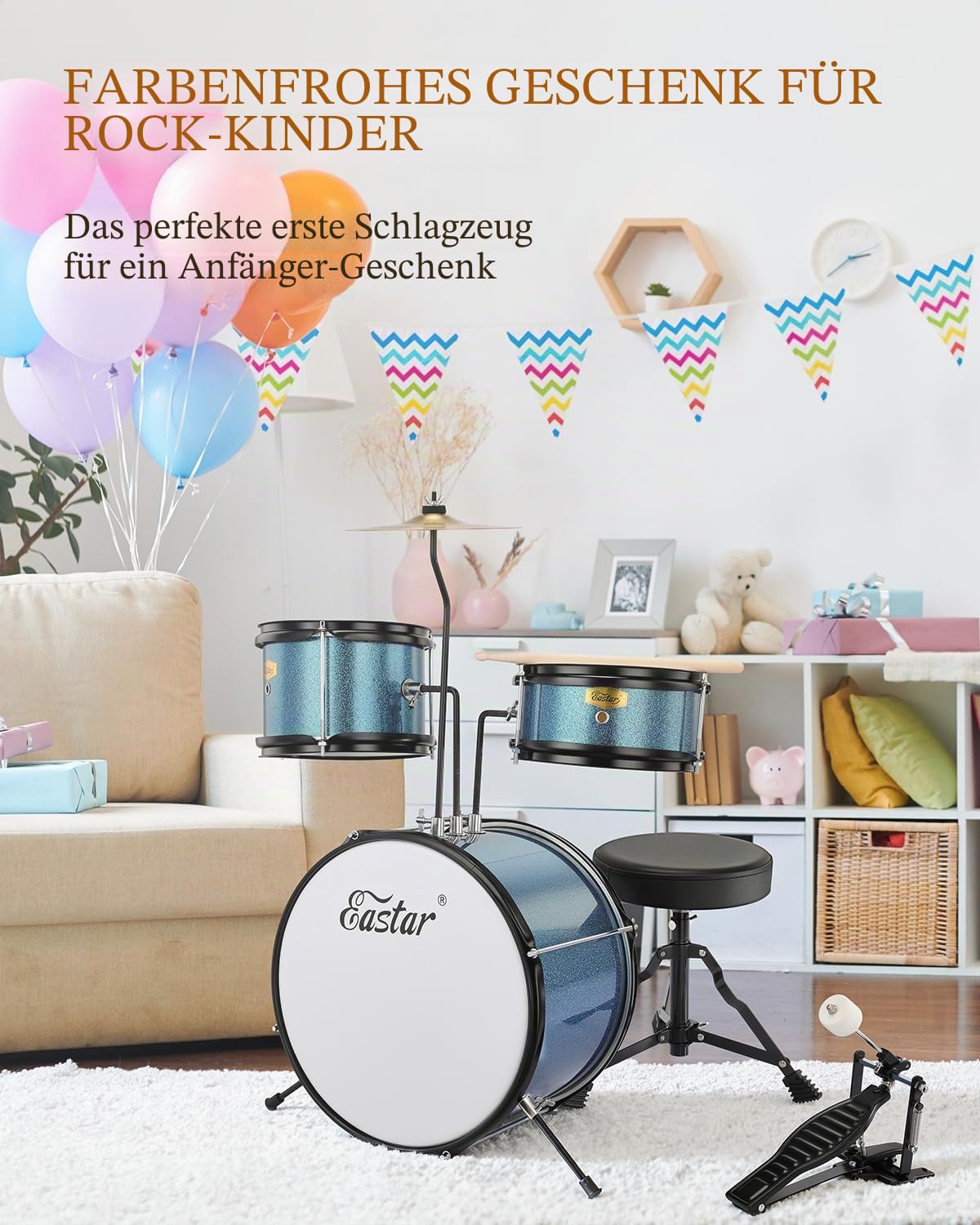 Eastar Schlagzeug 14" 3 PC, für 3-10 Jahre Kinde, Schlagzeug Set mit Snare, Tom, Bass Drum, Bass Drum Pedal, Thron, Becken, Drumsticks, Himmelblau