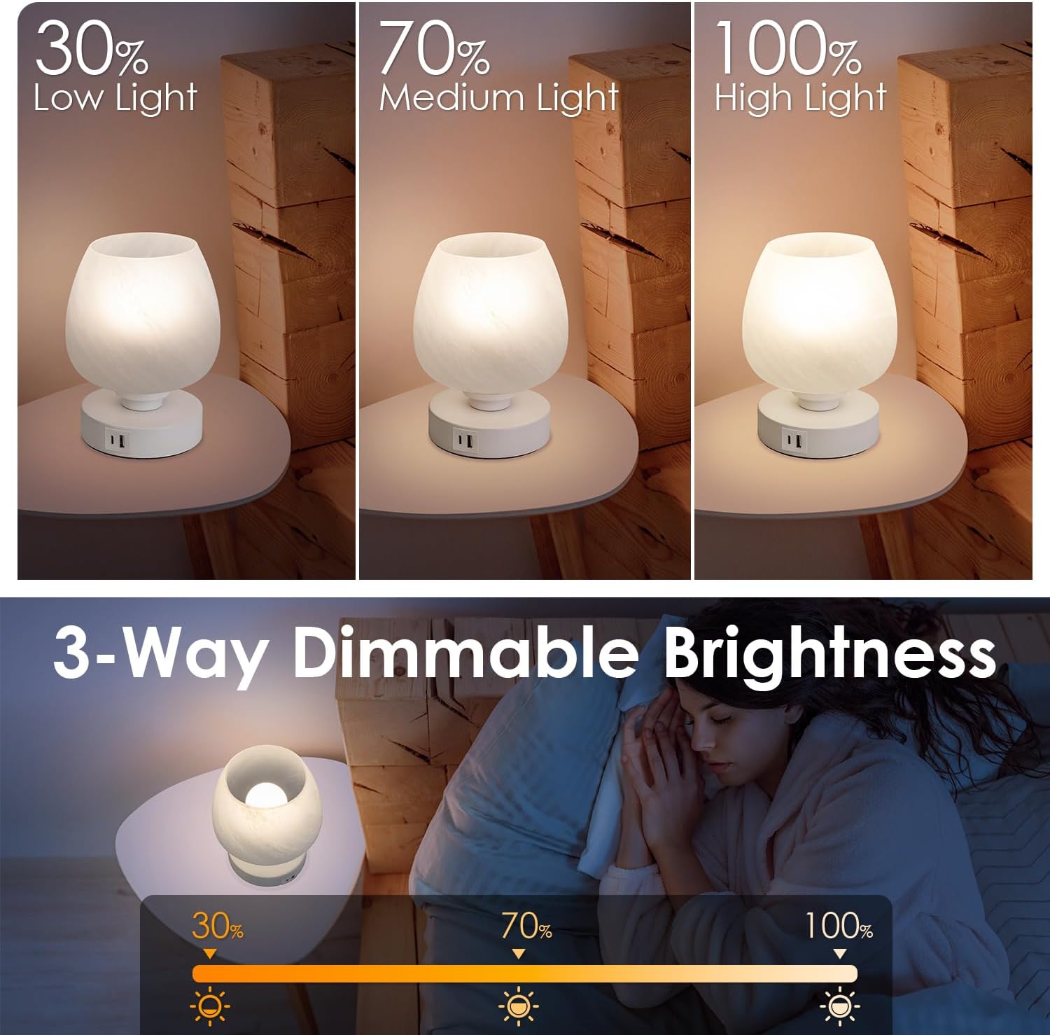 Soilsiu Bedside Table Lamp - Touch Small Lamp for Bedroom Nightstand, 3-Way Dimmable, USB A+C Charging Ports, White Opal Glass Shade, Warm LED Bulb Included