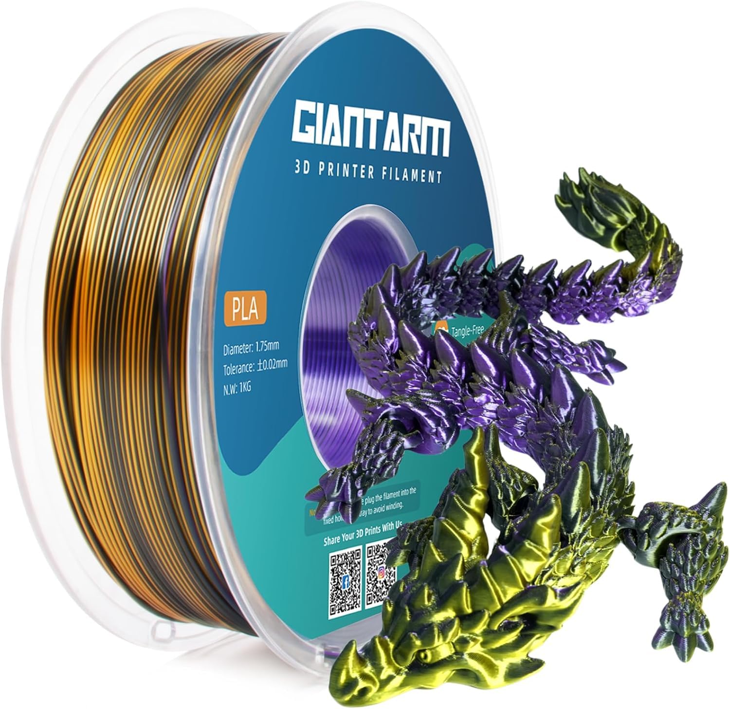 GIANTARM Silk PLA Filament 1.75mm,Tri Color PLA Purple Gold Black 1KG