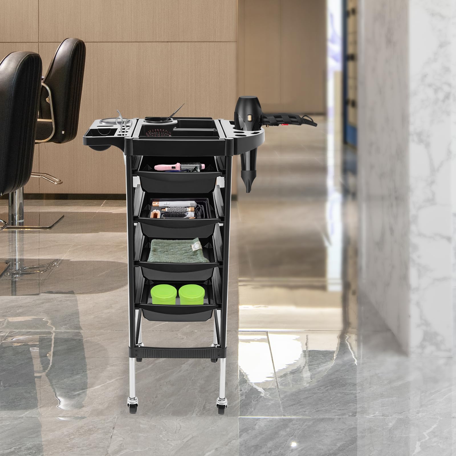 Carrito de peluquería de 5 niveles con 4 cajones, carrito de peluquería con 4 ruedas silenciosas, carrito de trabajo para salón de belleza, SPA, peluquería (negro)