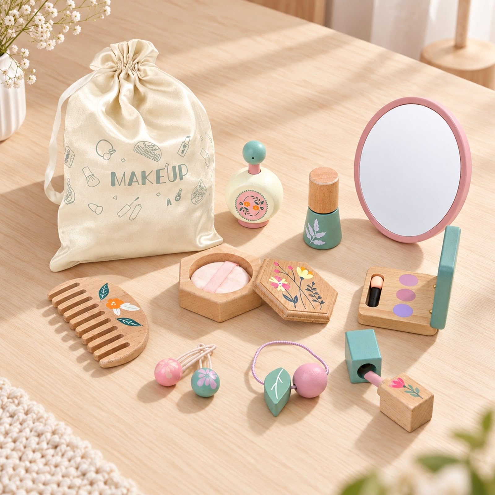 Kit Trucco in Legno per Bambini con Borsa a Coulisse Sicuro Set di Trucchi Finto con Trousse Completo Giocattolo per Apprendimento Precoce,