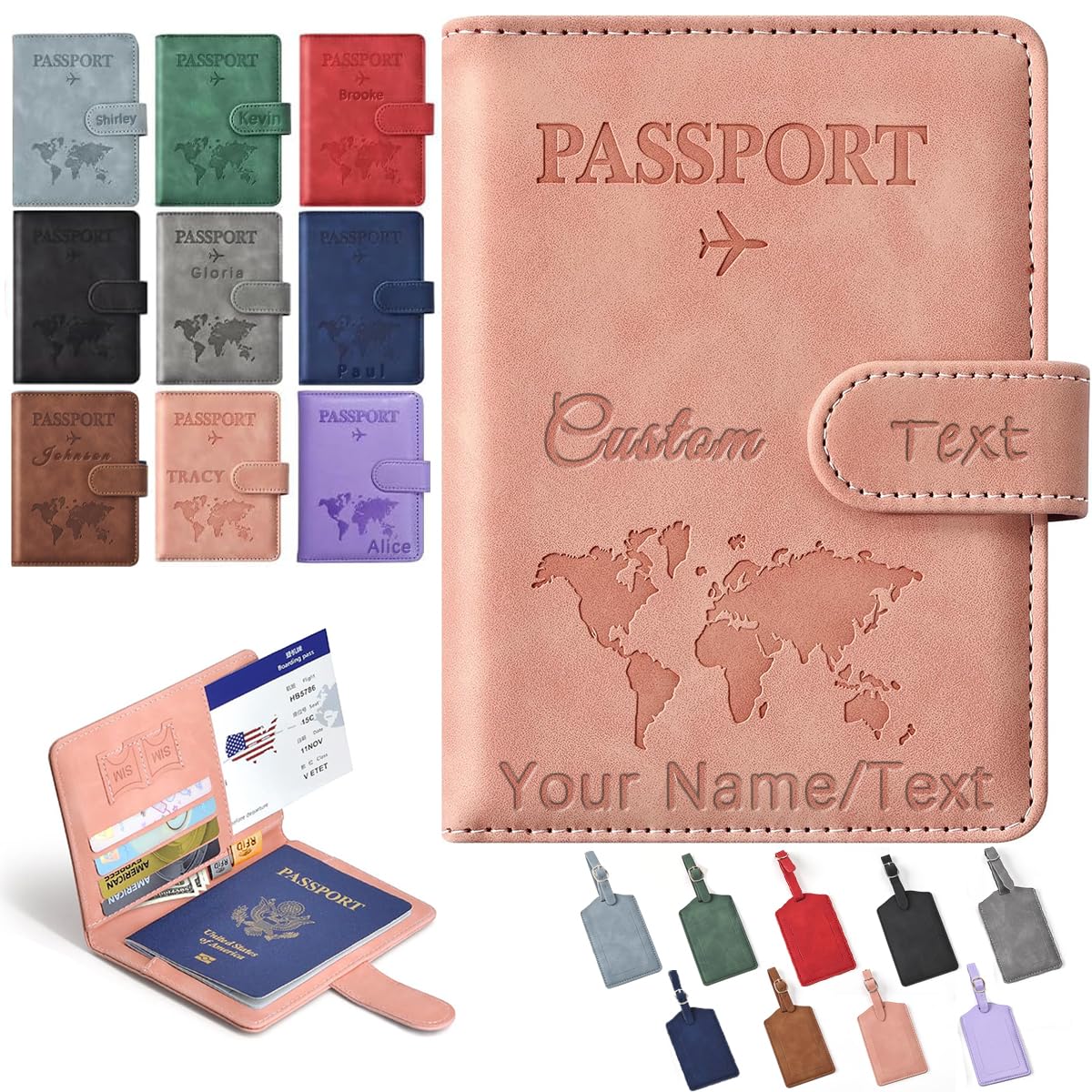 Custom Name Passport Holder Wallet, Personalized Text Travel Organizer Card PU Leather Case with RFID Blocking, Customized Initials Passport Book