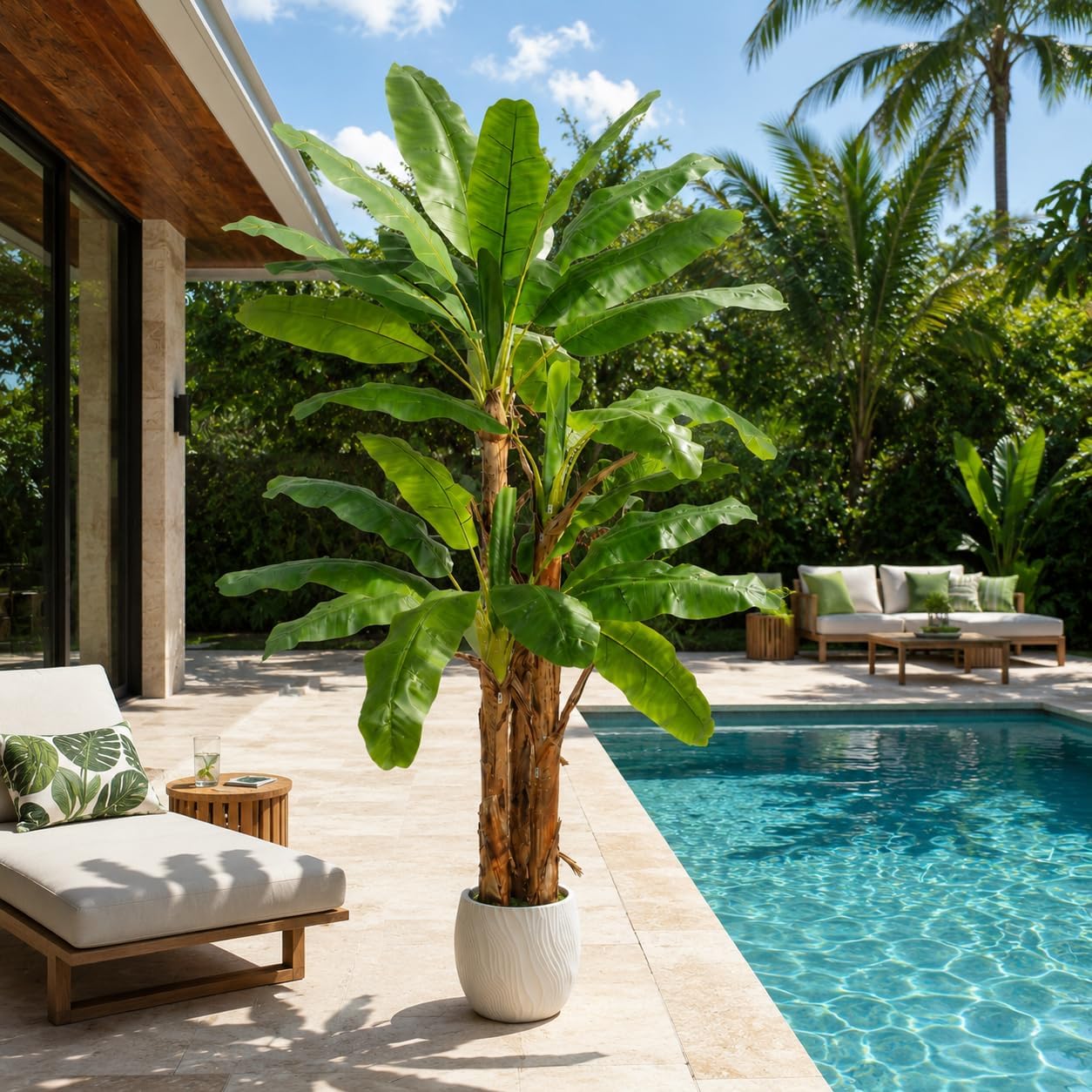 8FT Artificial Banana Tree, Tropical Plant, Large Faux Plant Outdoor | Faux Banana Leaf Plant, Artificial Tropical Tree, with Faux Moss, Fake Tree for Pool Patio Balcony Garden Living Room Decor