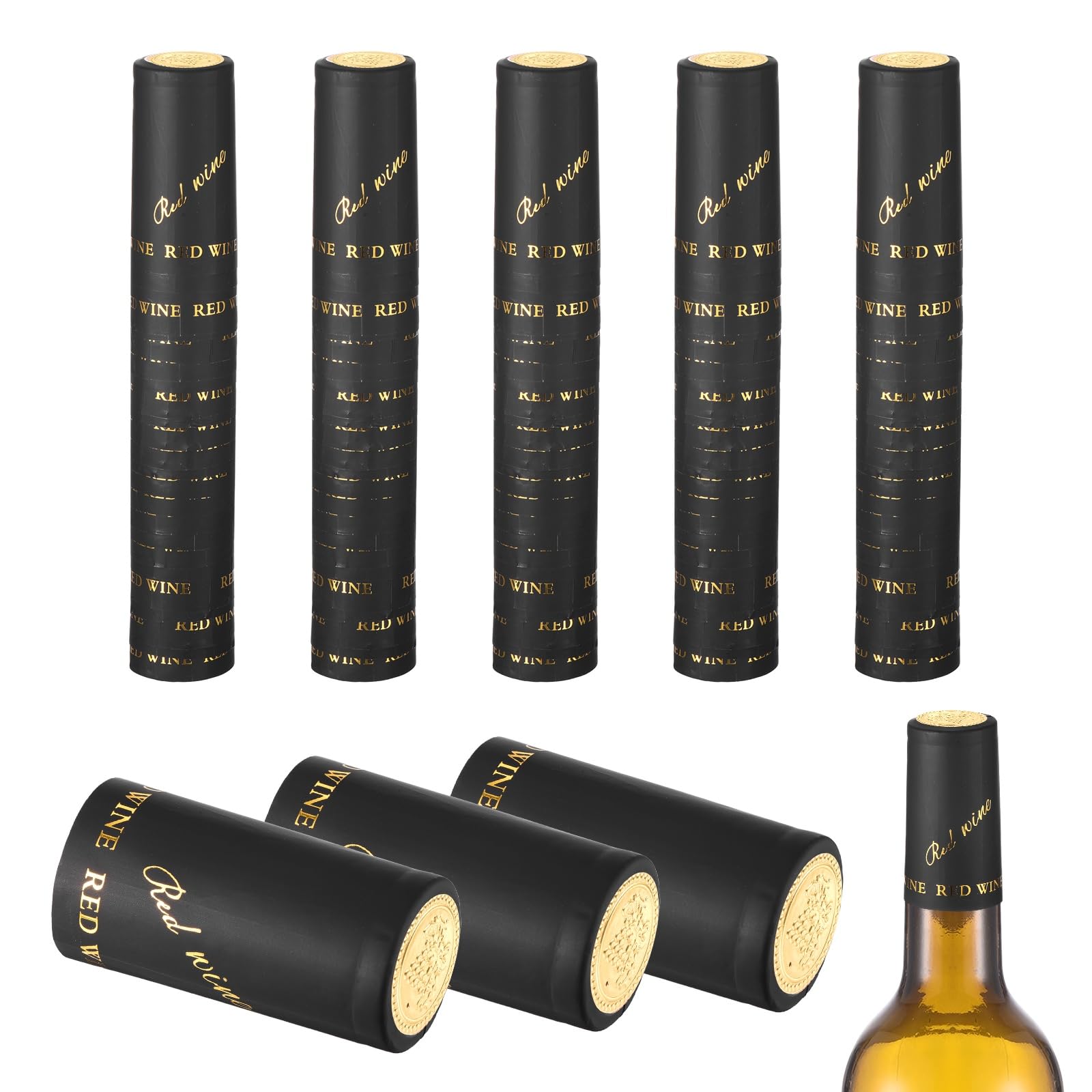 sourcing map 150Pcs PVC Heat Shrink Capsules, 30mm x 60mm Wine Bottle Capsules Shrink Wrap Sleeves Bottle Corks Caps for Wine Making Cellars and Home Kitchen, Gold Grape/Black Letter
