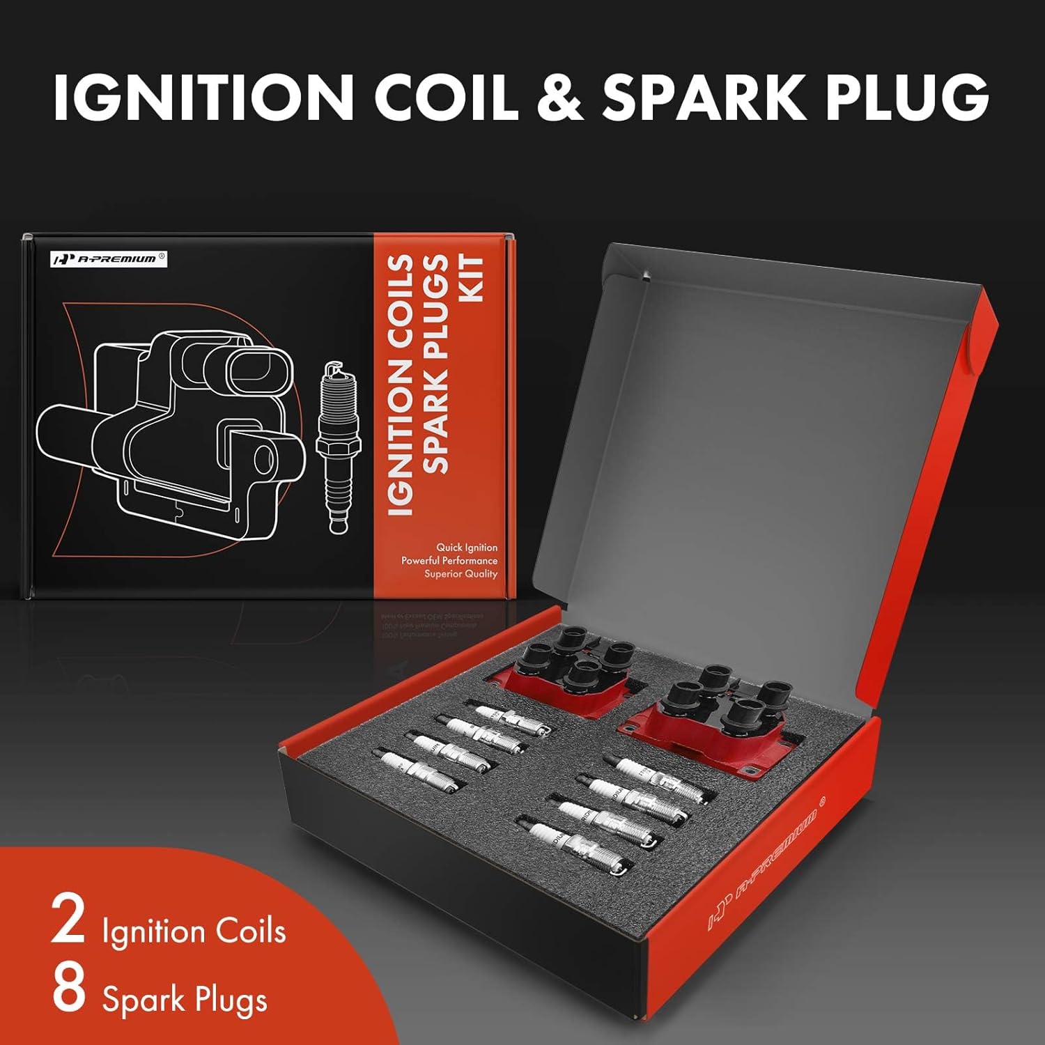 A-Premium 2x (Red) Ignition Coil Pack and 8x Iridium Spark Plugs Compatible with Ford F-150 F-250 1997-1999, Explorer 1996-2001 & Lincoln Continental & More