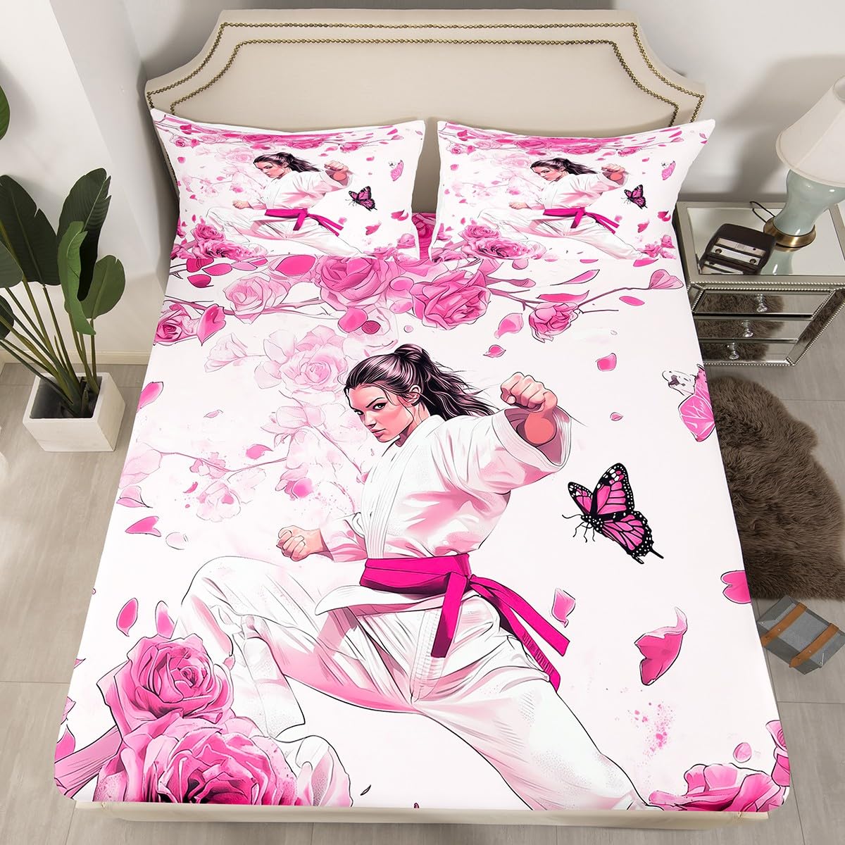 Manfei Taekwondo Fitted Sheet Set Full Size 4 Pcs,Pink Rose Flowers Teens Sheets,Girls Kungfu Sports Bedding Sets (1 Fitted,1 Flat,2 Pillowcases) Luxury Deep Pocket Bed Sheets