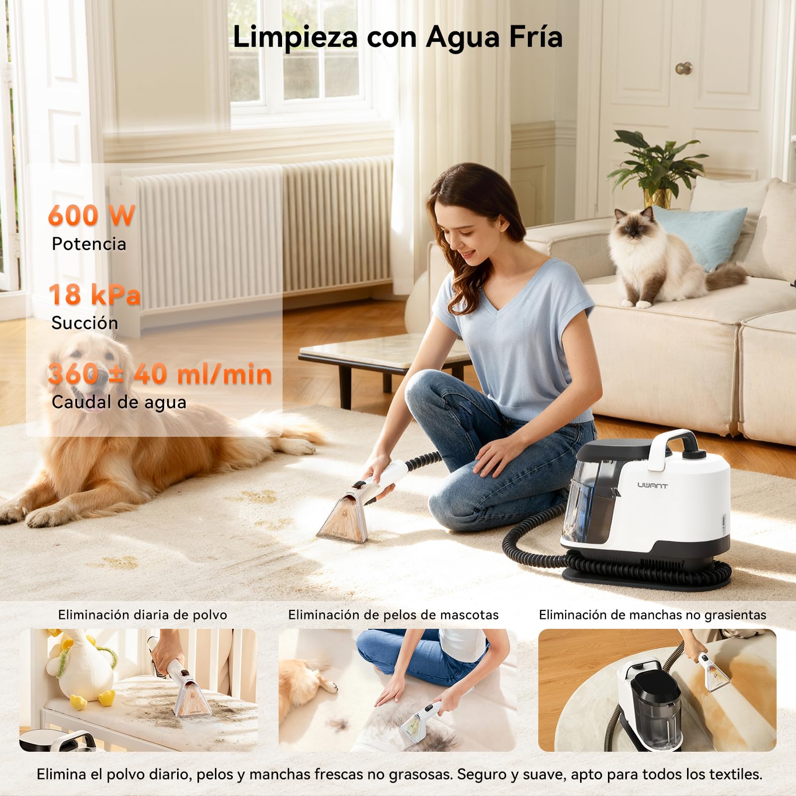 Uwant Aspiradora de Agua Tapiceria Lava y Aspira con Vapor Y100S 1750W 18KPa, 3 en 1 Frío/Agua Caliente 65℃/Vapor 100℃, Portátil, Cepillos mult. Limpia Sofá/Alfombras/Coche/Cocina, 2.4L Depósito
