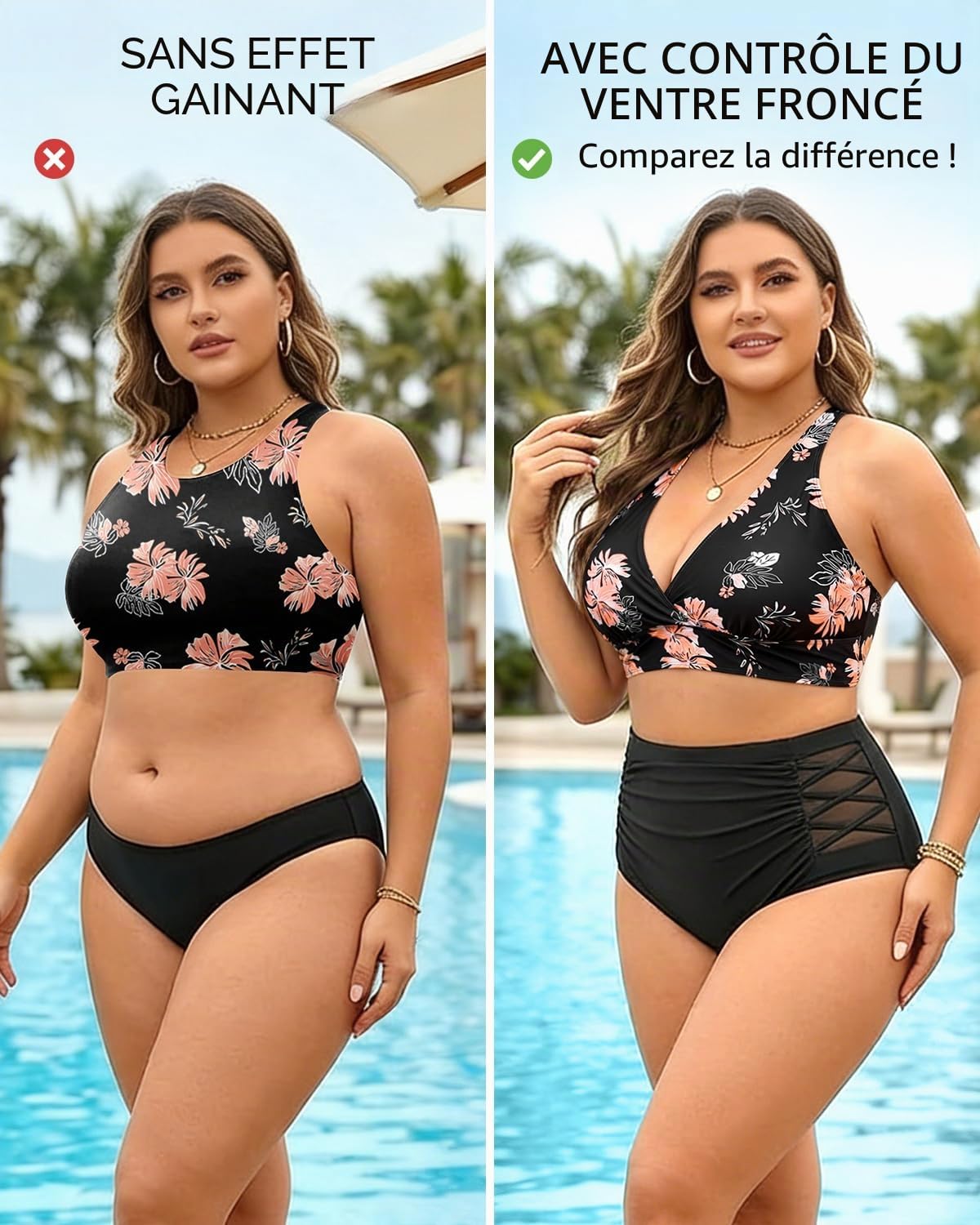 Yonique Maillot de Bain 2 pièces Taille Haute pour Femme - Taille Haute - Contrôle du Ventre