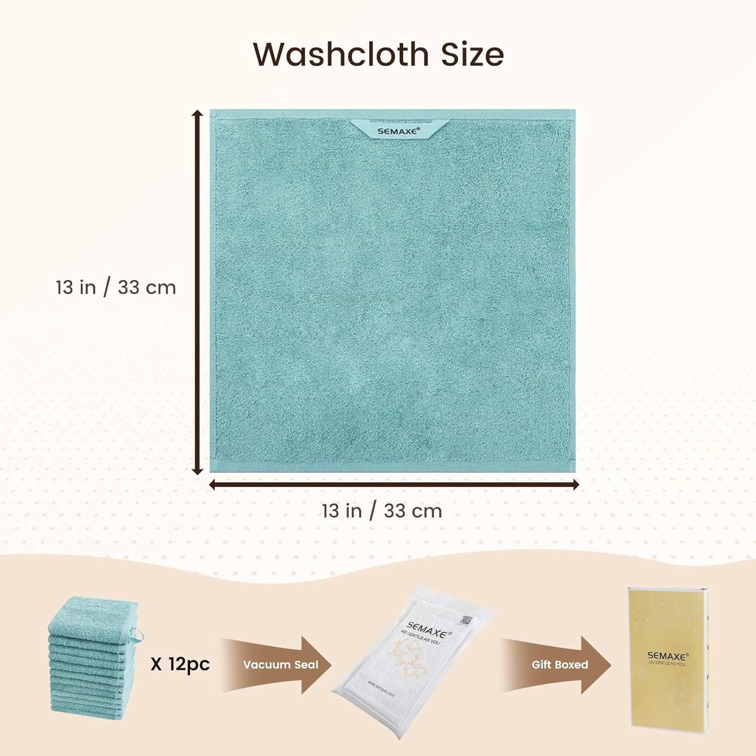 SEMAXE 100% Cotton Washcloths 12-Pack, 13 × 13 Inch Soft Luxury Face Towels – Super Absorbent & Quick-Dry, Premium Cloth with Hanging Loop, Oeko-TEX Certified, Gift-Ready Box - Image 2