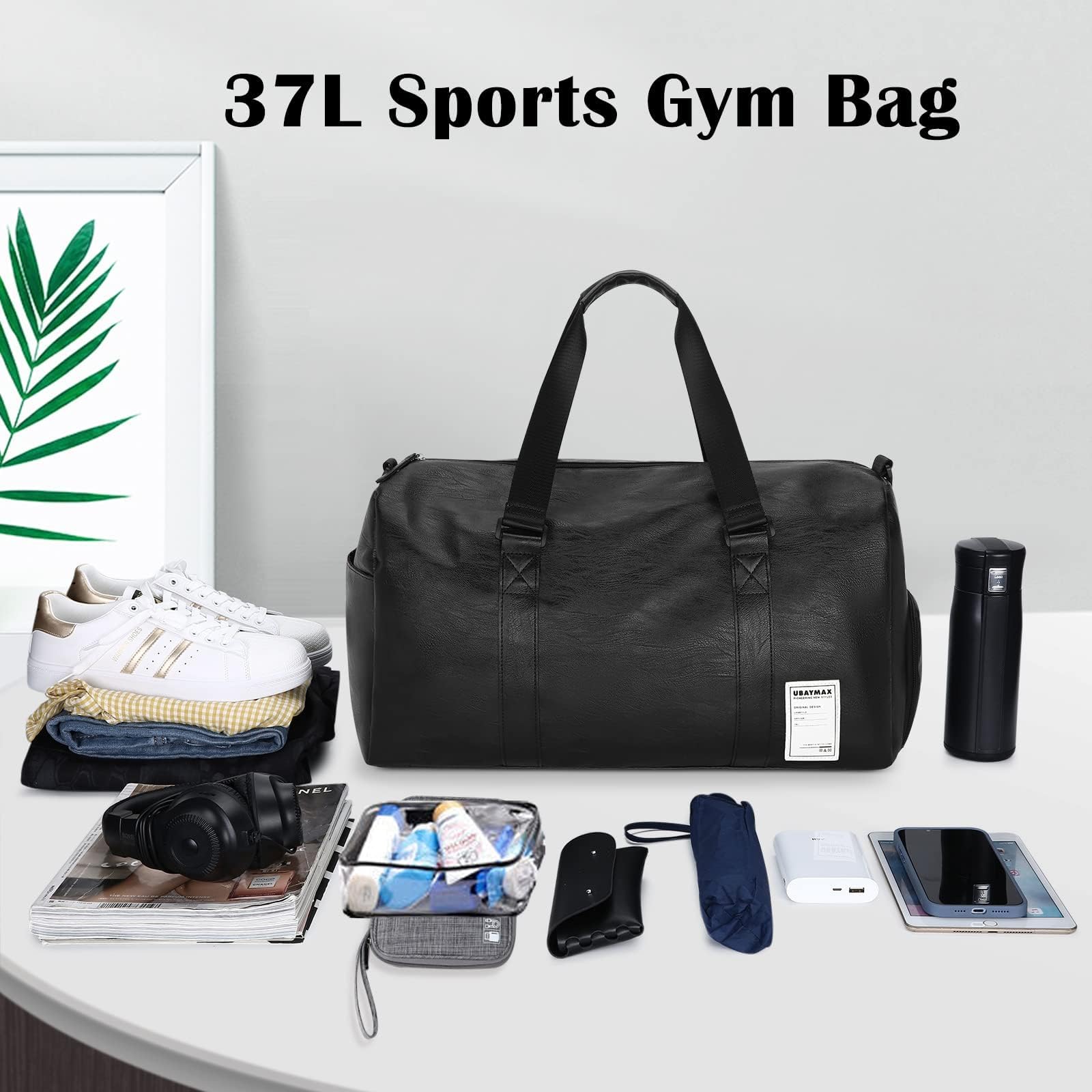 UBAYMAX Sac de Sport en Cuir Homme avec Compartiment Chaussures, 37L Noir Sac de Voyage pour Homme, Sac de Weekend avec Bandoulière Imperméable Sac de Piscine, Plage, Basketball, Football, Dance, Yoga
