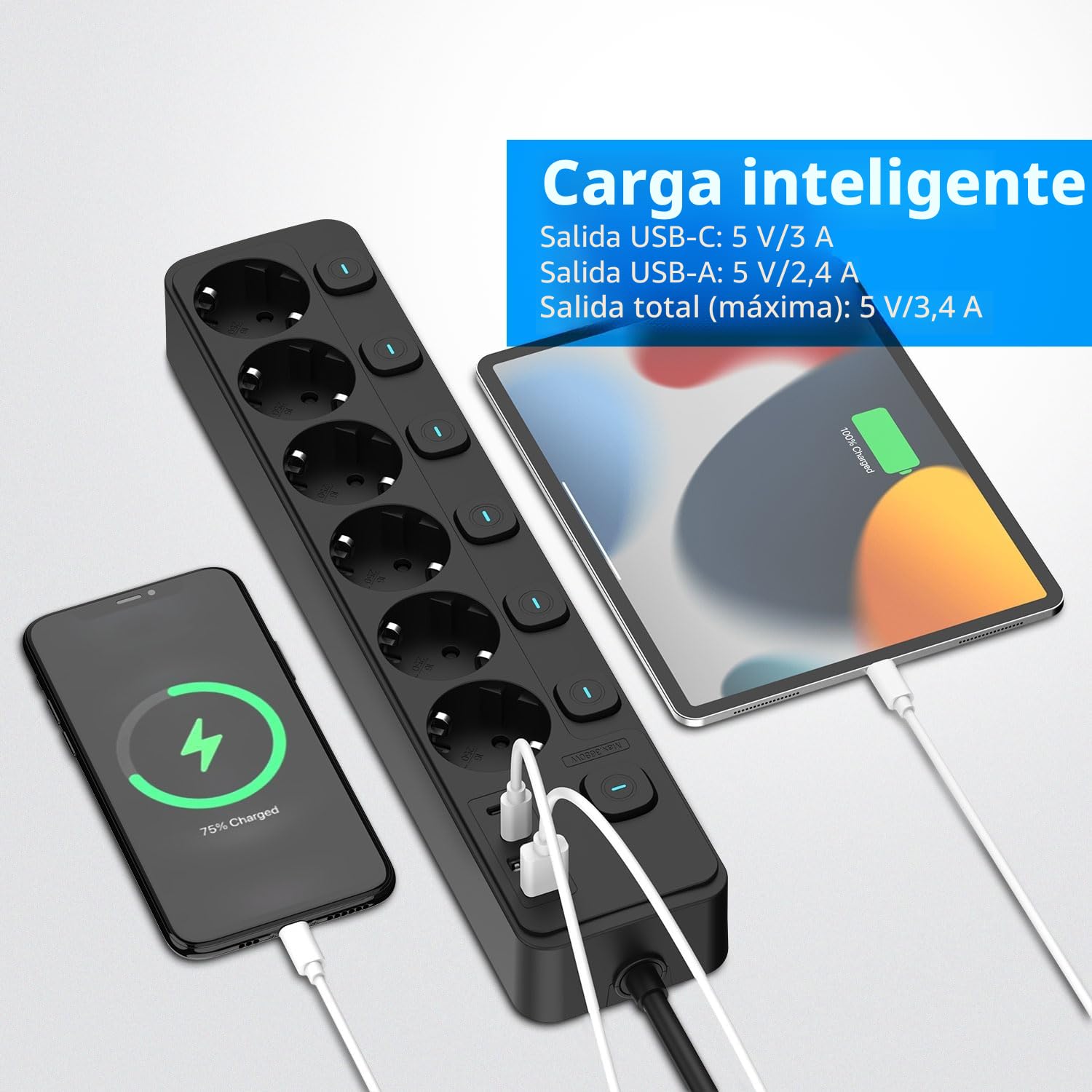 JSVER Regleta con Conmutación Individual, Enchufe Múltiple de 6 Tomas con 2 USB C&2 A, Regleta USB C(3680 W 16 A) para Oficina, Hogar o Viajes, Cable de 2 m