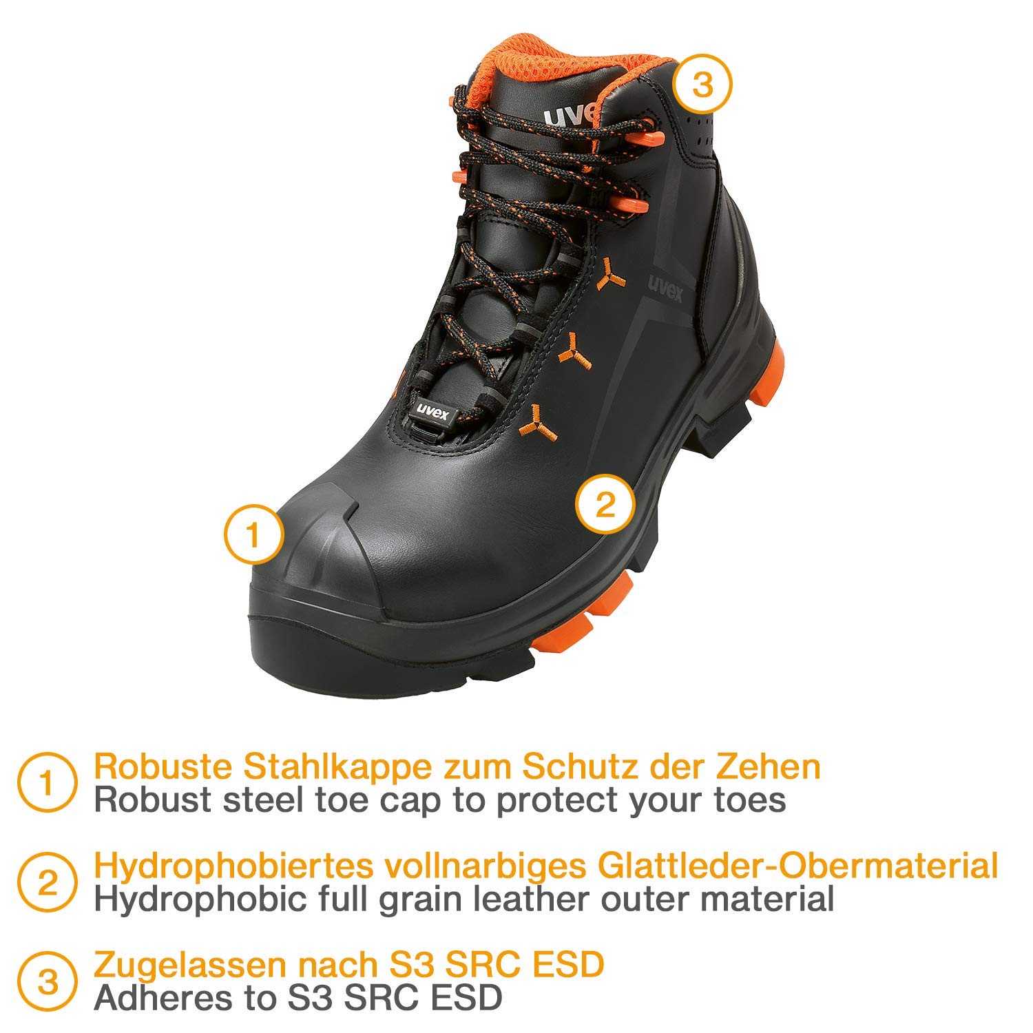 Uvex 2 chaussures de travail - Bottes de sécurité S3 SRC ESD - Orange-Noir - Largeur 12 / Wide