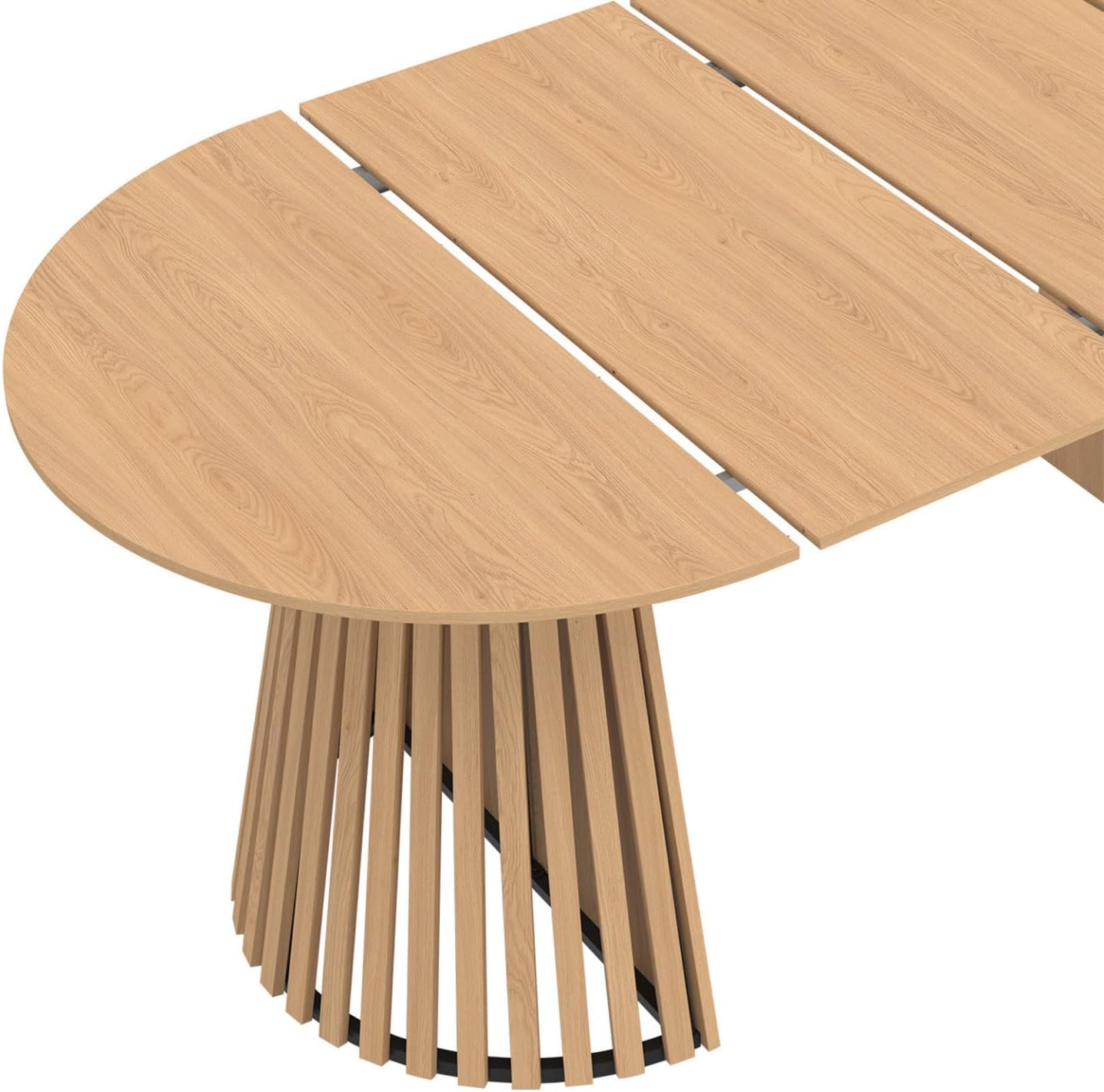 Close-up view of the IDMarket CARMEN dining table's extension mechanism, showing the joint between the main tabletop and an extension leaf.