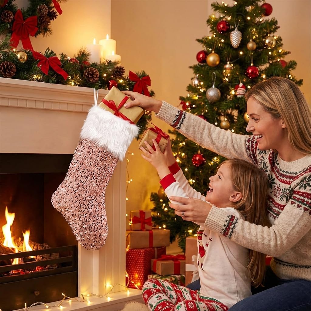 Drawelry Christmas Socks Pink Sequin Stockings: Customized Red White Silver Family Decor Hanging Ornament for Fireplace Xmas Season Elk Glowing Sequin Santa Snowflake Pine Party Decorative (Pink)