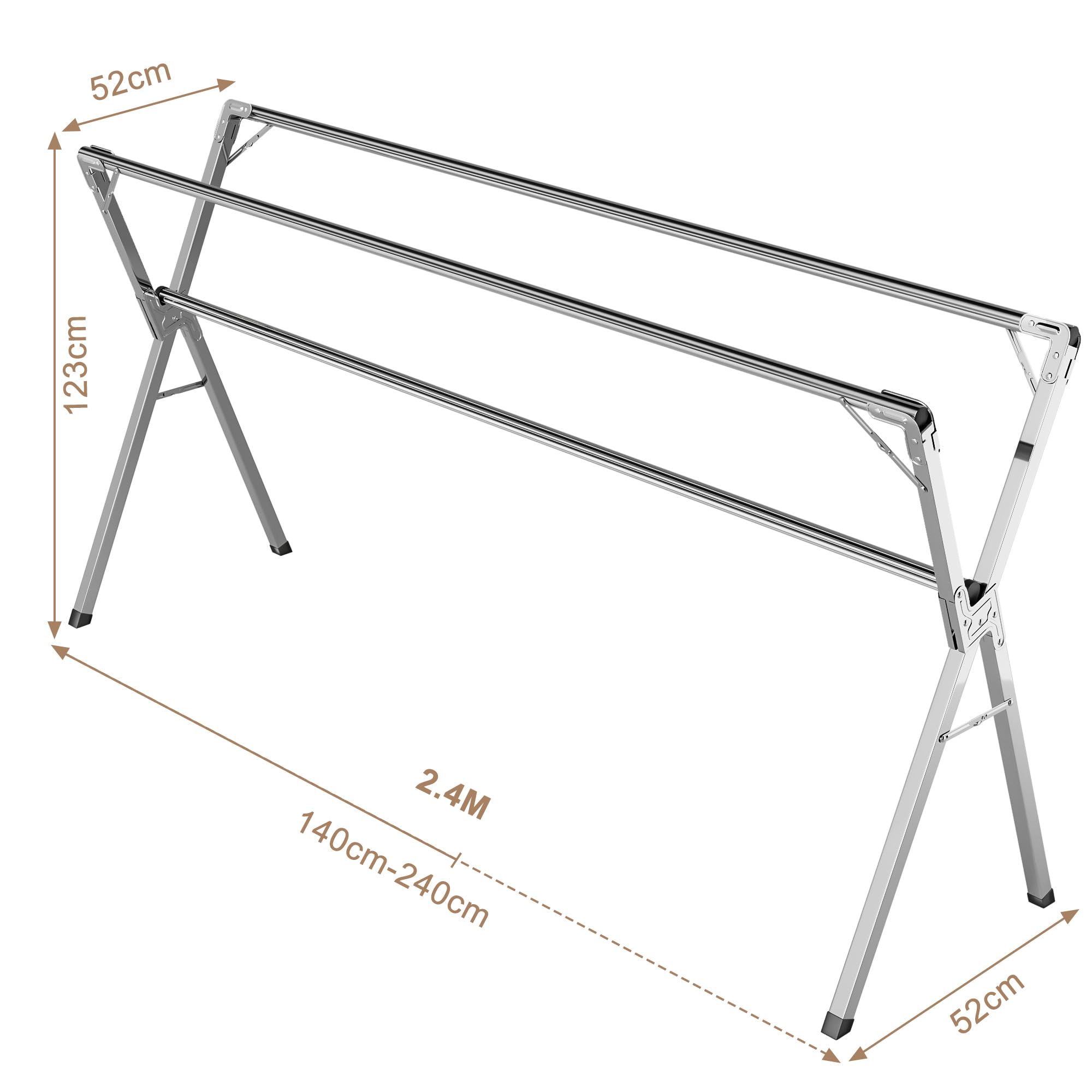 Wäscheständer aus Edelstahl klappbar, Wäschetrockner für Innen & Außen, verstellbar 140–240 cm, Jede Stange bis 60 kg belastbar, 40 Winddichte Kleiderhaken, großer Kleiderständer