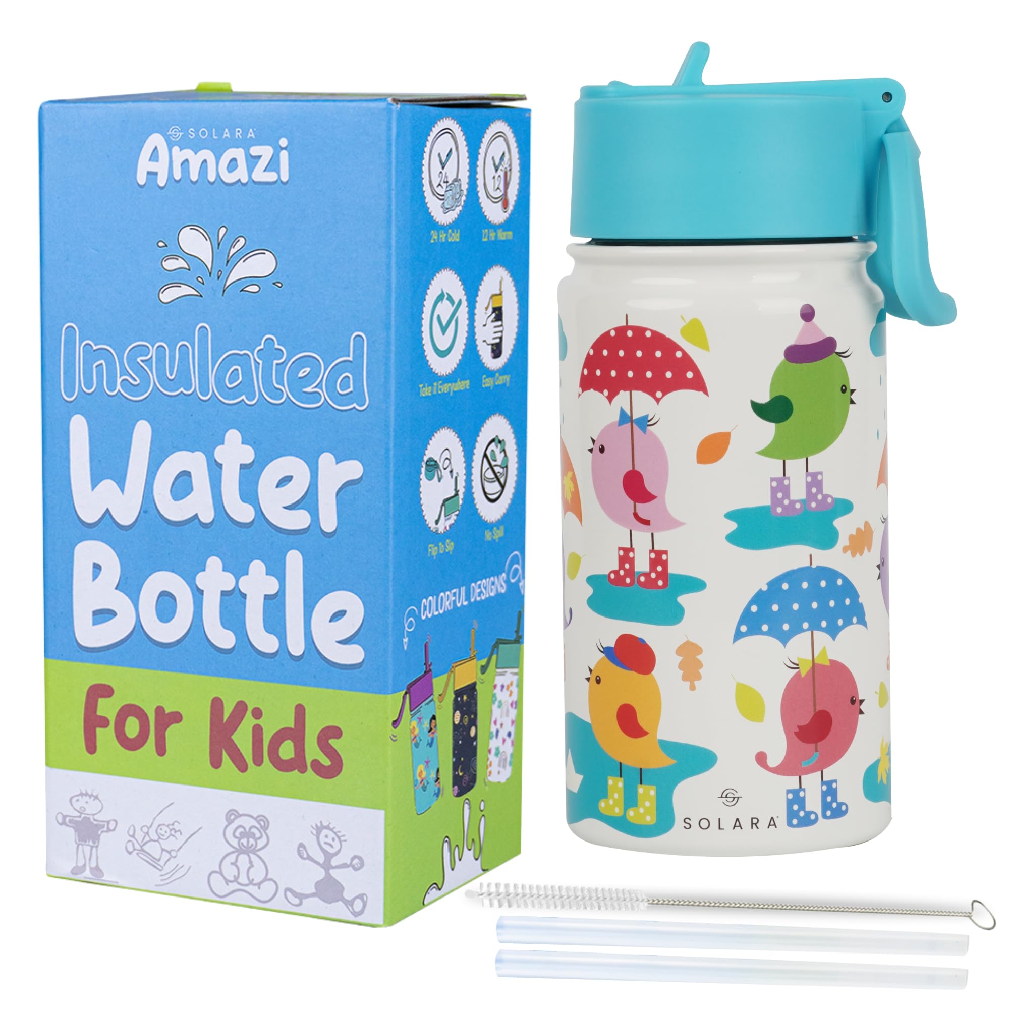 SOLARA Amazi Kids Insulated Water Bottle for Kids 450ml, Kids Water Bottle,Sipper Bottle for Kids,Thermosteel Kids Bottles,Stainless Steel Water Bottles for Kids,Straw Bottle for Kids, Birds
