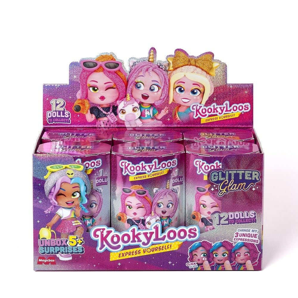 KOOKYLOOS Glitter Glam Series – 6 kolekcjonerskich lalek z modnymi akcesoriami, ubraniami, butami i zabawkami, z 3 zabawnymi wyrażeniami, wersja A