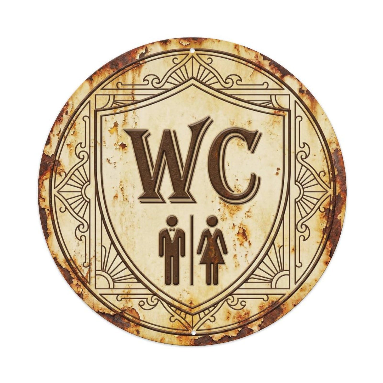 Toilet （WC） Aged Ivory Shield Metal Tin Sign Plaque Wall Decor for Cafe, Club Bar, Office, Home Garden Round Metal Poster 8x8Inch