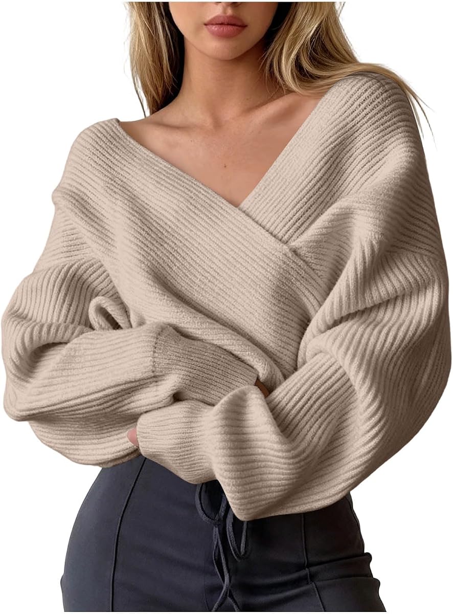 Women's Criss Cross Wrap Sweater V Neck Long Sleeve Top