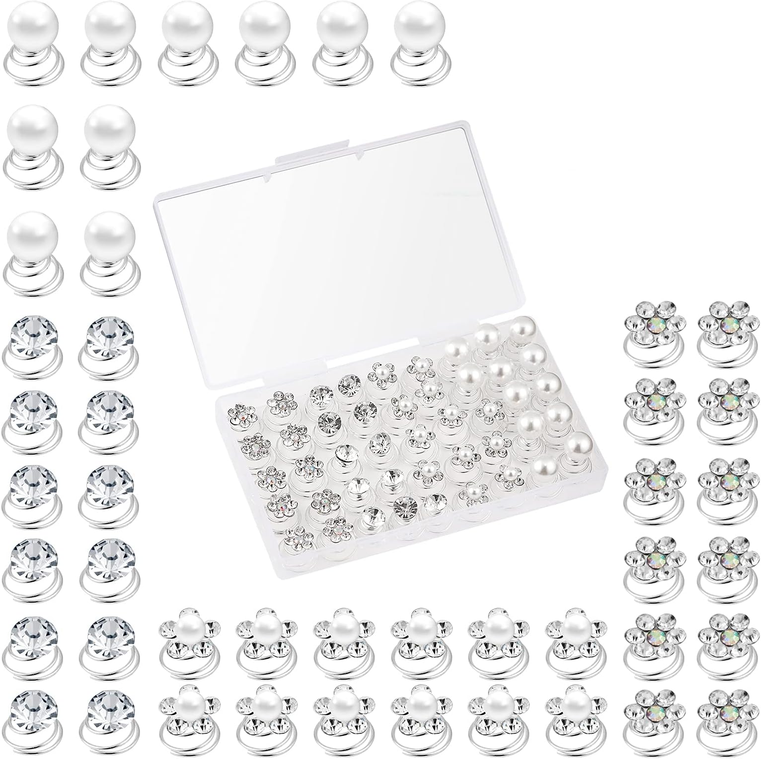 (48 Pcs,4 Styles) Pearl,Rhinestone Crystal Twisters Spiral Set Hair Pin Silver Coil for Wedding, Bridal, Prom, Party and Special Occasion with Clear Container