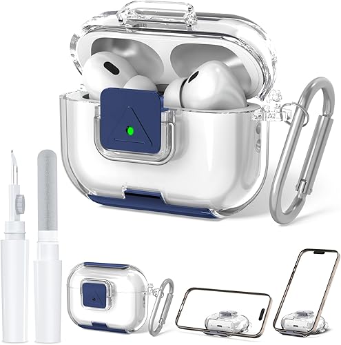 Funda de bloqueo seguro para AirPods Pro 2 con soporte para teléfono, funda protectora de TPU suave y transparente a prueba de golpes para Airpods