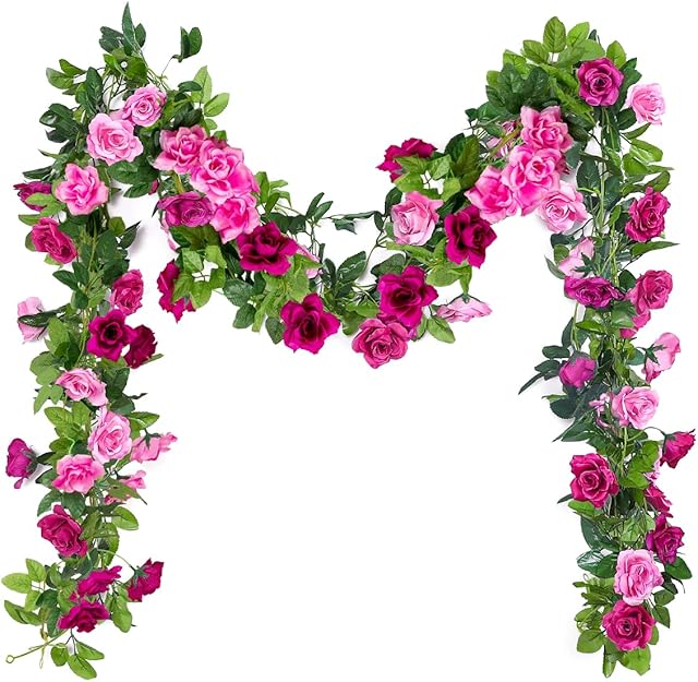 Veryhome 3Pcs Artificial Rose Vine Silk Flowers Fake Rose Vine Garland Plant 13 heads 7.9FT Floral Ivy Decoration for Home Wedding Arrangements Party Garden Décor Purple Fuchsia