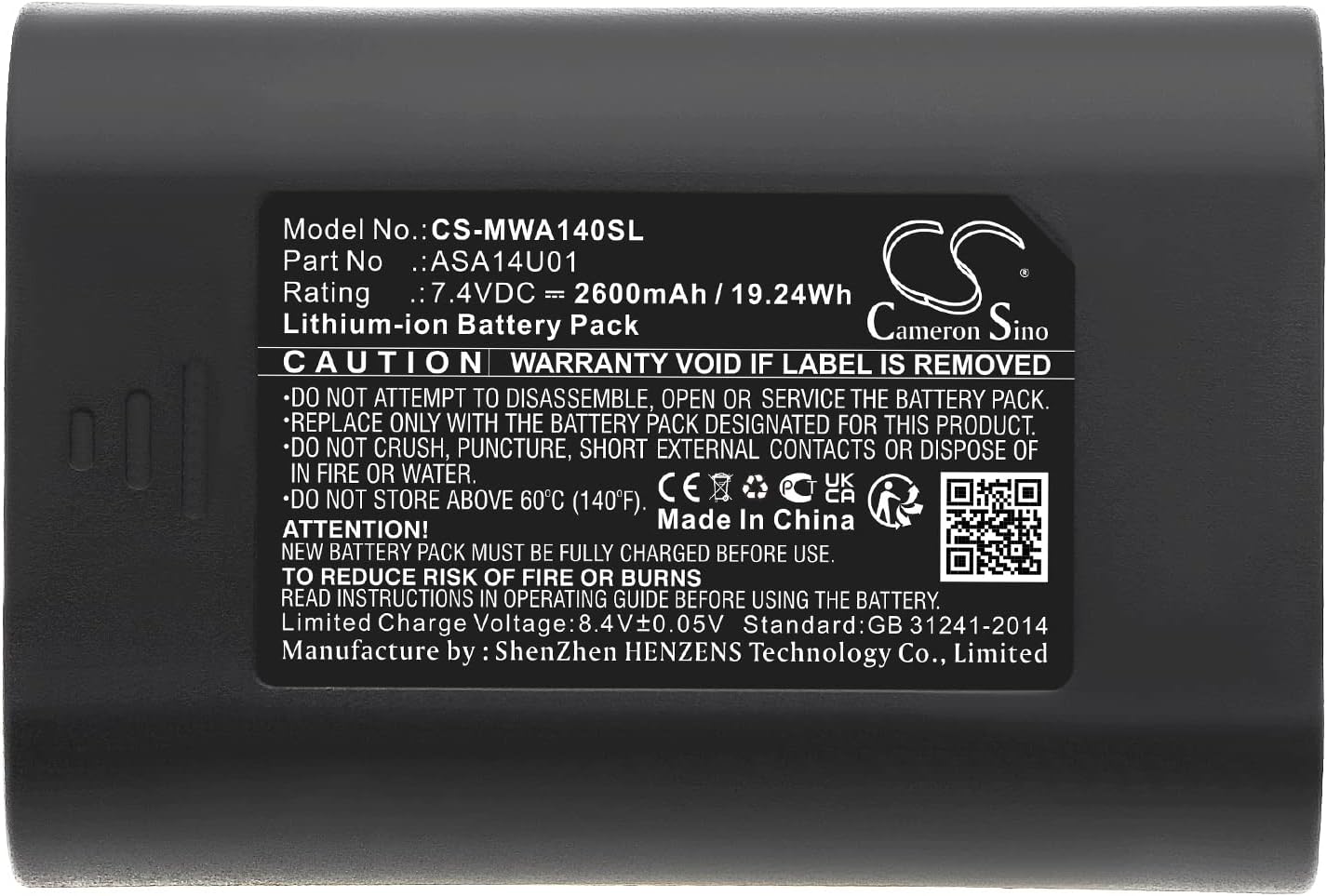 Cameron Sino Battery for Mobile Warming Fieldsheer, Gloves, Jackets, Vests PN:Mobile Warming ASA14U01 2600mAh / 19.24Wh
