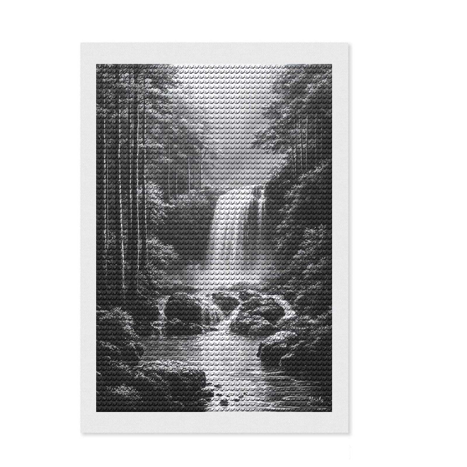Junmoney Tranquil Waterfall in Misty Forest - Charcoal Art Crystal Diamond Art Kit 8"x12", Boho Decor, Stress Relief Craft, Full Kit Included, Fun Craft Activity