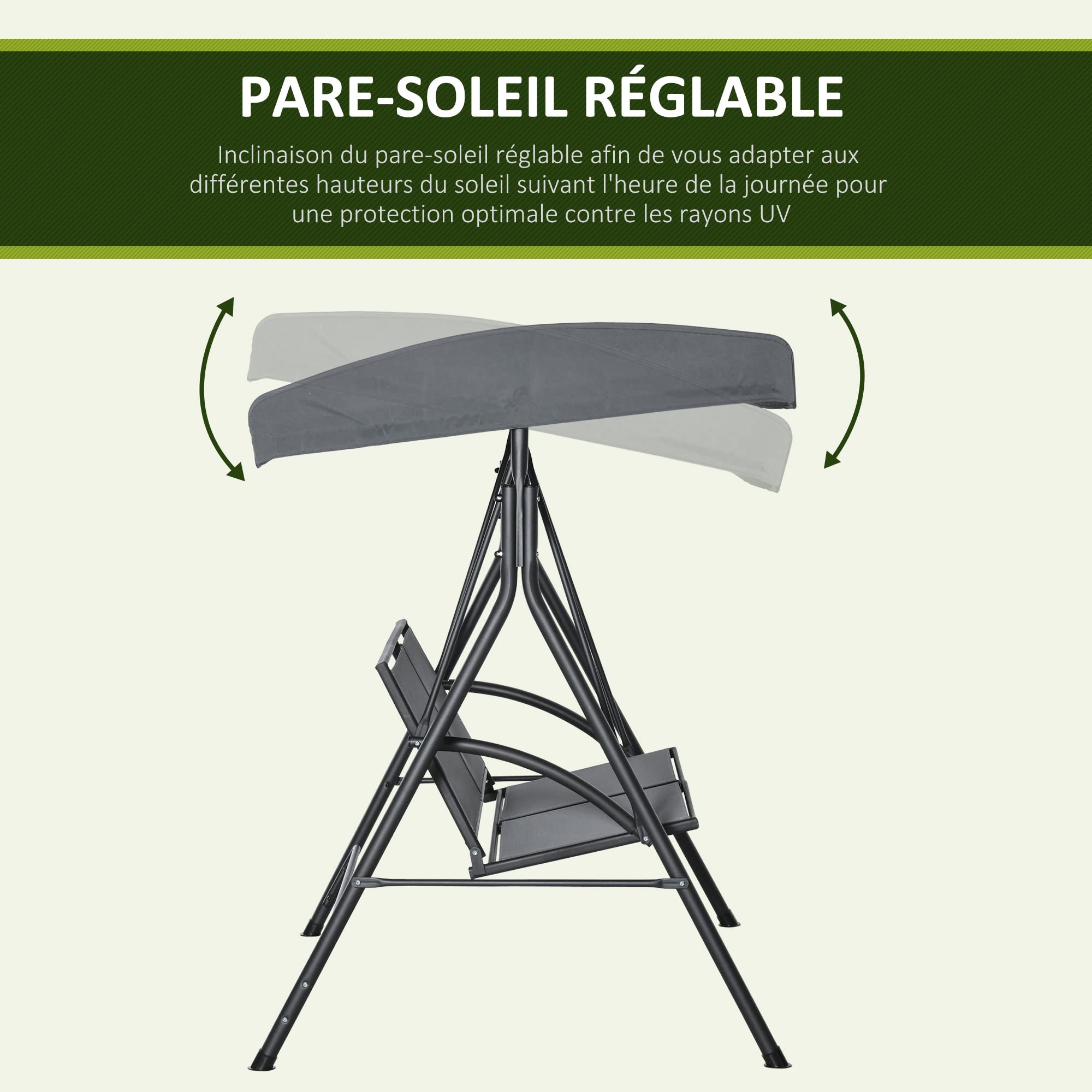 Outsunny Balancelle de Jardin 2 Places Acier époxy textilène Gris Toit Inclinaison réglable