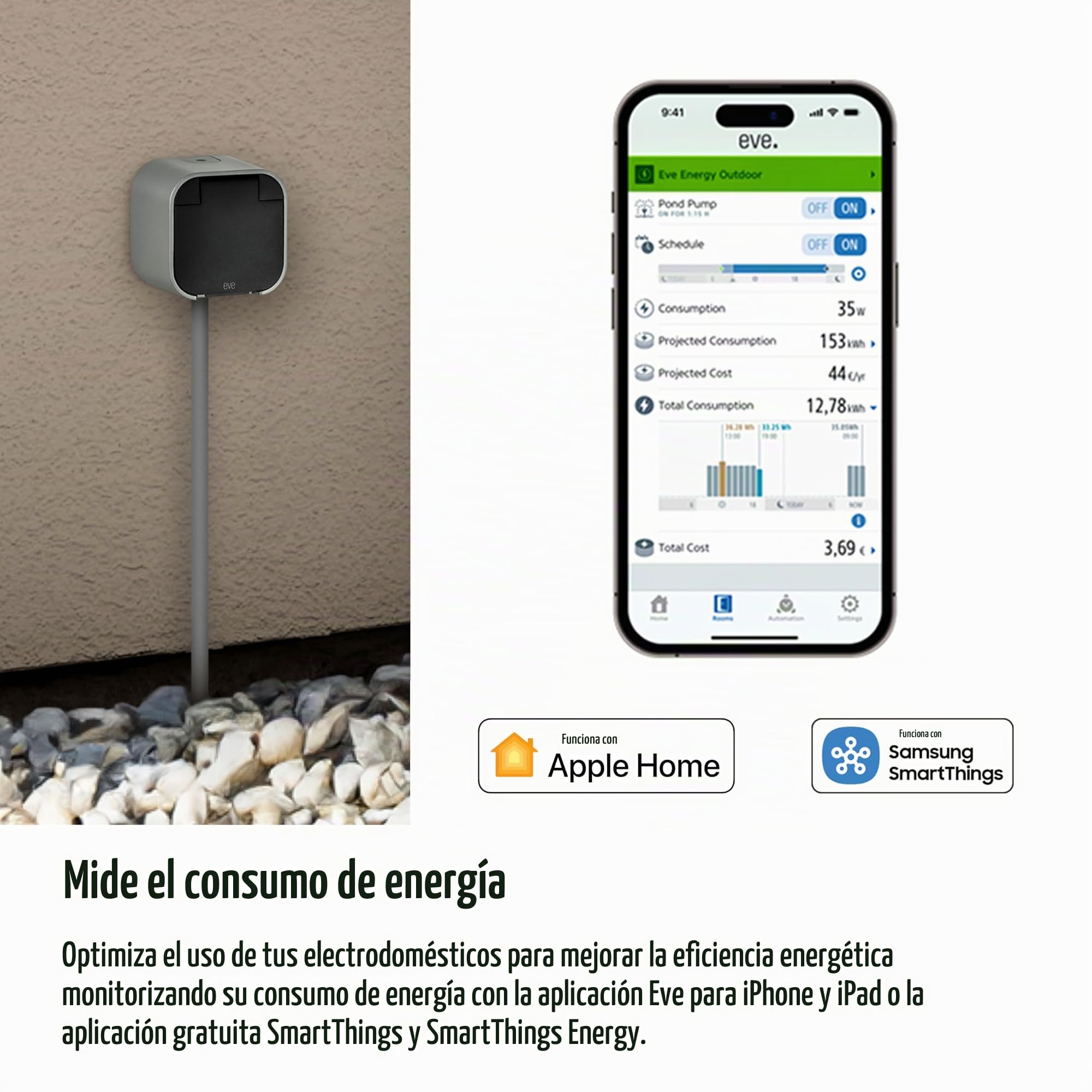 Eve Energy Outdoor (Matter) - Enchufe inteligente para exterior/enchufe para cuarto húmedo, contador de consumo, requiere un router de borde Thread; Apple Home, Alexa, Google Home, SmartThings