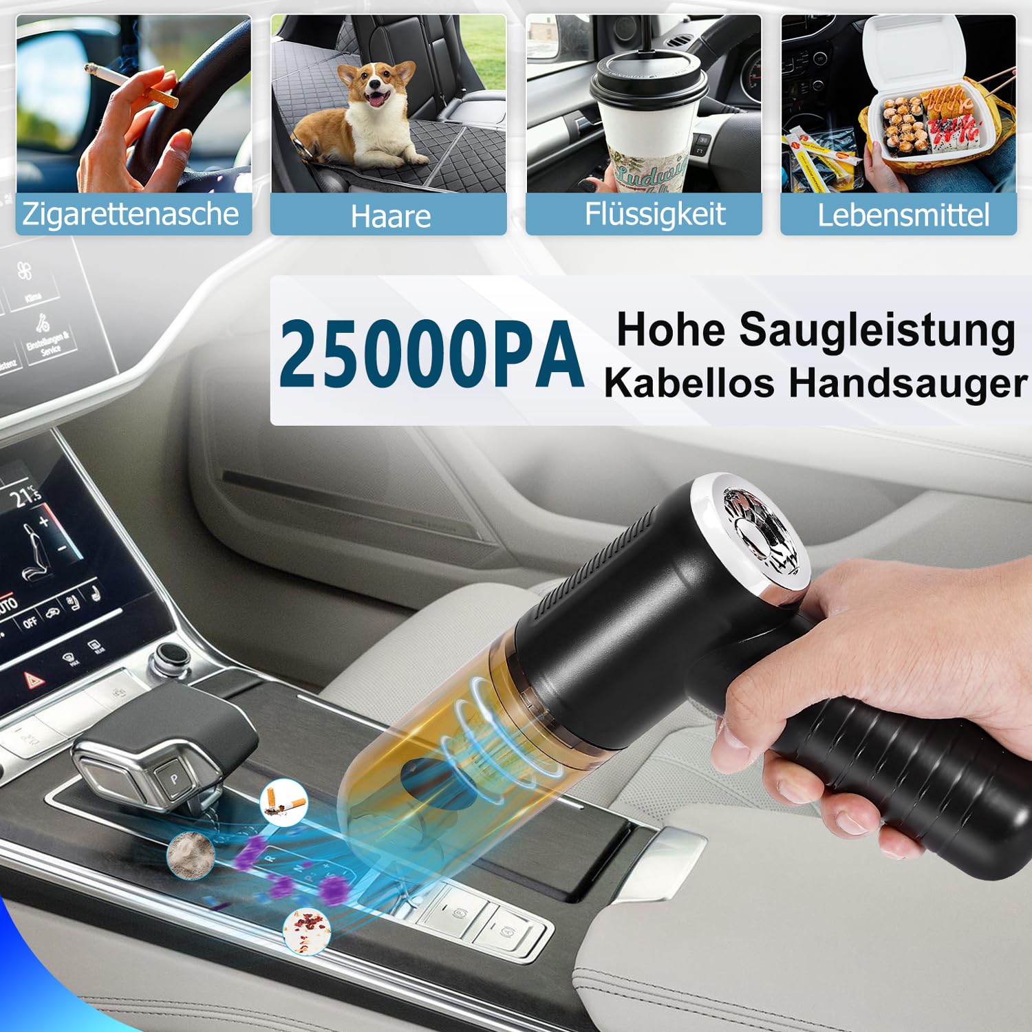 2024 Letzte Version Autostaubsauger, 25000pa Kabellos Handstaubsauger Akku,Mini Staubsauger 12V DC 2.05 M Kabel für ZigarettenanzüNder 6000mAh Handsauger Nass & Trocken für Den Auto Haus