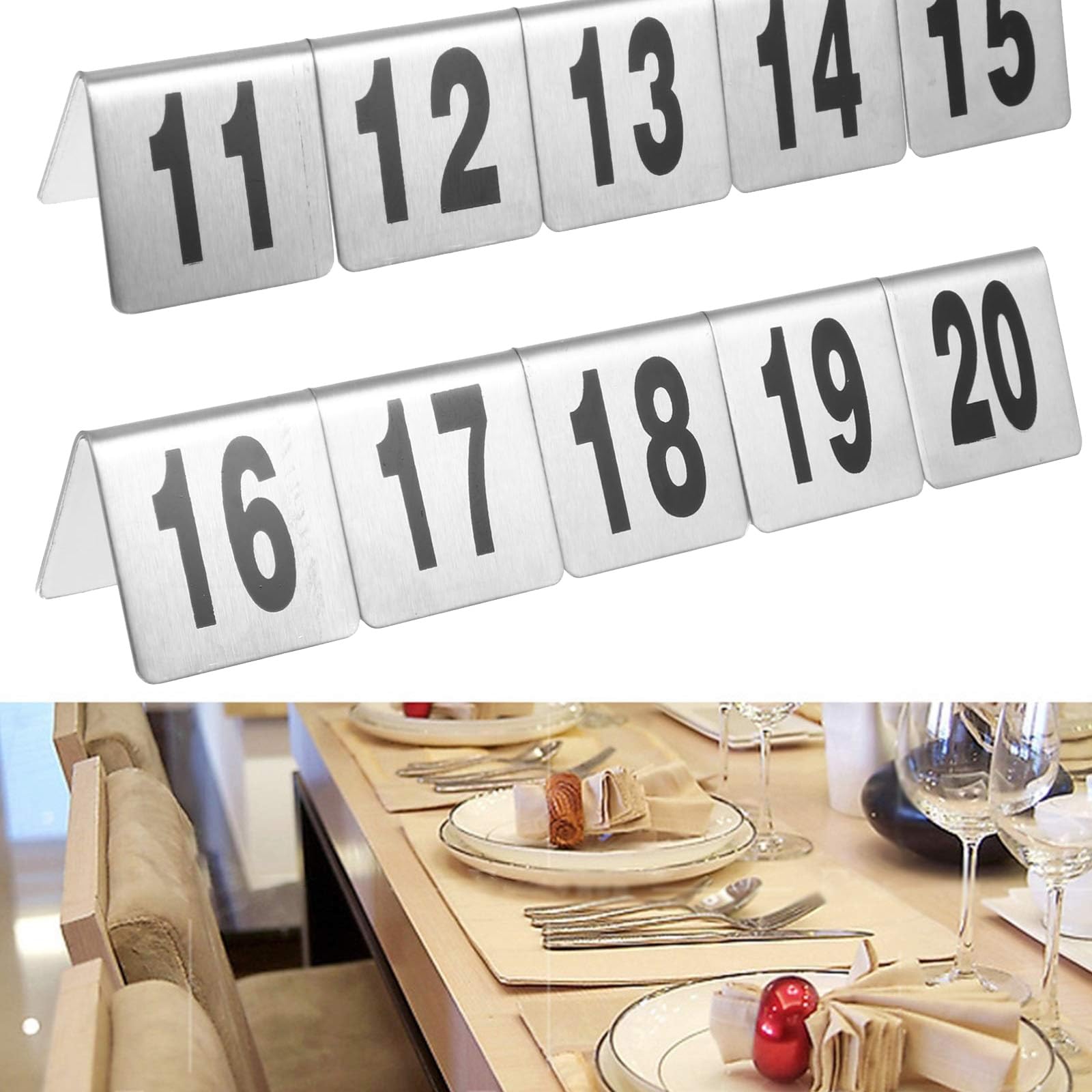 Numery stołu w stylu namiotu ze stali nierdzewnej, wolnostojące karty stołowe, 20 szt. Numery stołowe można układać w stos, idealne do dekoracji stołu weselnego (rozmiar: 61-80)