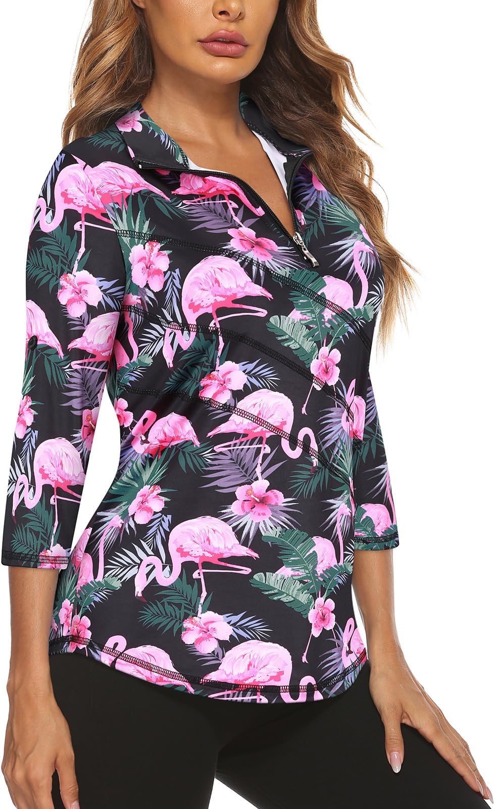 Koscacy Women's 3/4 Roll Sleeve Golf Tennis Polo Shirts UPF50+ Half Zip Dry Fit Workout Tops Athletic Shirt