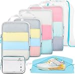 PFEYRPK Lightweight Compression Packing Cubes for Suitcases, Compressible Expandable Travel Packing Organizer with Clear Toiletries and Backpack Bag, Travel Essentials for Carry on Luggage 7 Set