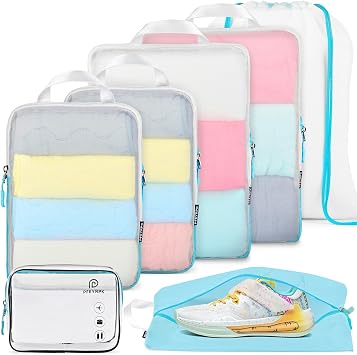 PFEYRPK Compression Packing Cubes for Suitcase Expandable Packing Cubes Travel Compression 7 Sets Clear Toiletry Shoe Bag Backpack Bag Travel Organizer with Cubes Travel Essentials