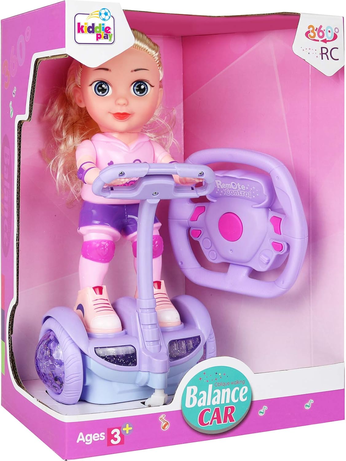 Doll Set with Remote Control Toy Electric Scooter for Kids with LED Lights Music and 360° Rotation